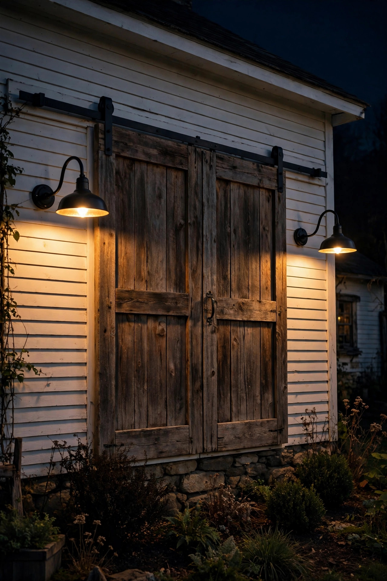 Gooseneck barn lights flanking wooden sliding barn doors on a farmhouse wall at night