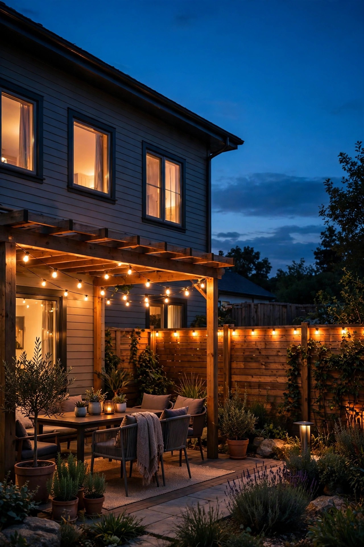 Cozy backyard at dusk with patio lights and fence-line lights glowing on an automatic schedule, house windows softly lit