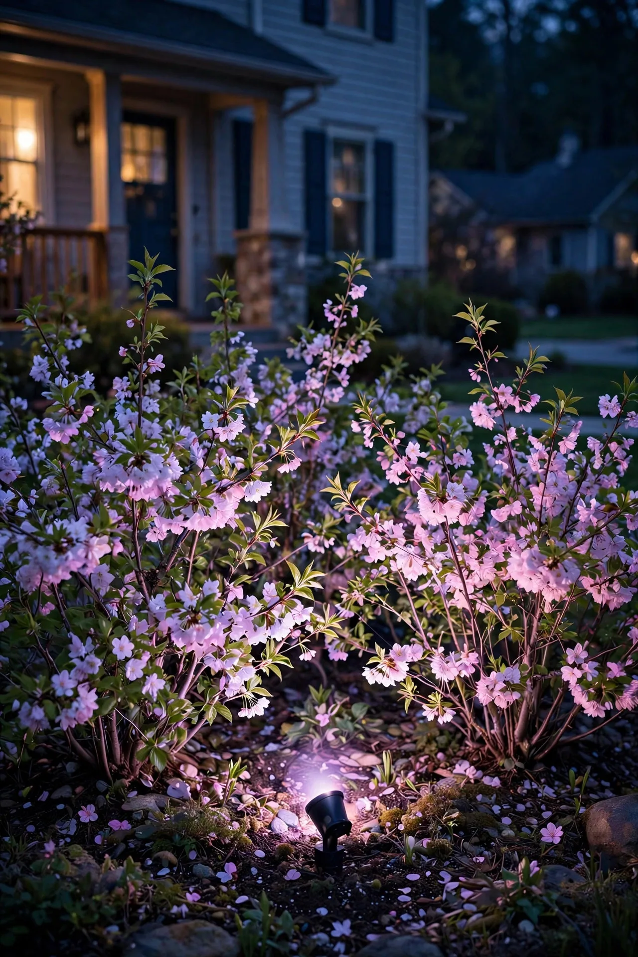 Smart color-tunable spotlight casting soft pastel pink and lavender light on spring shrubs at night