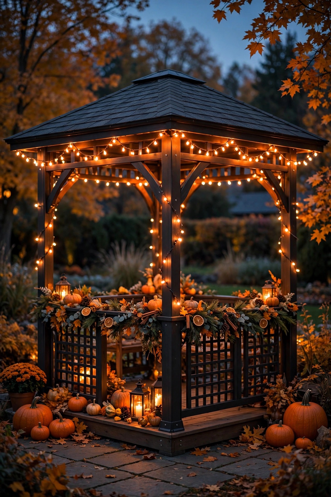Hardtop gazebo glowing with smart color-changing bulbs in a warm orange holiday scene at dusk