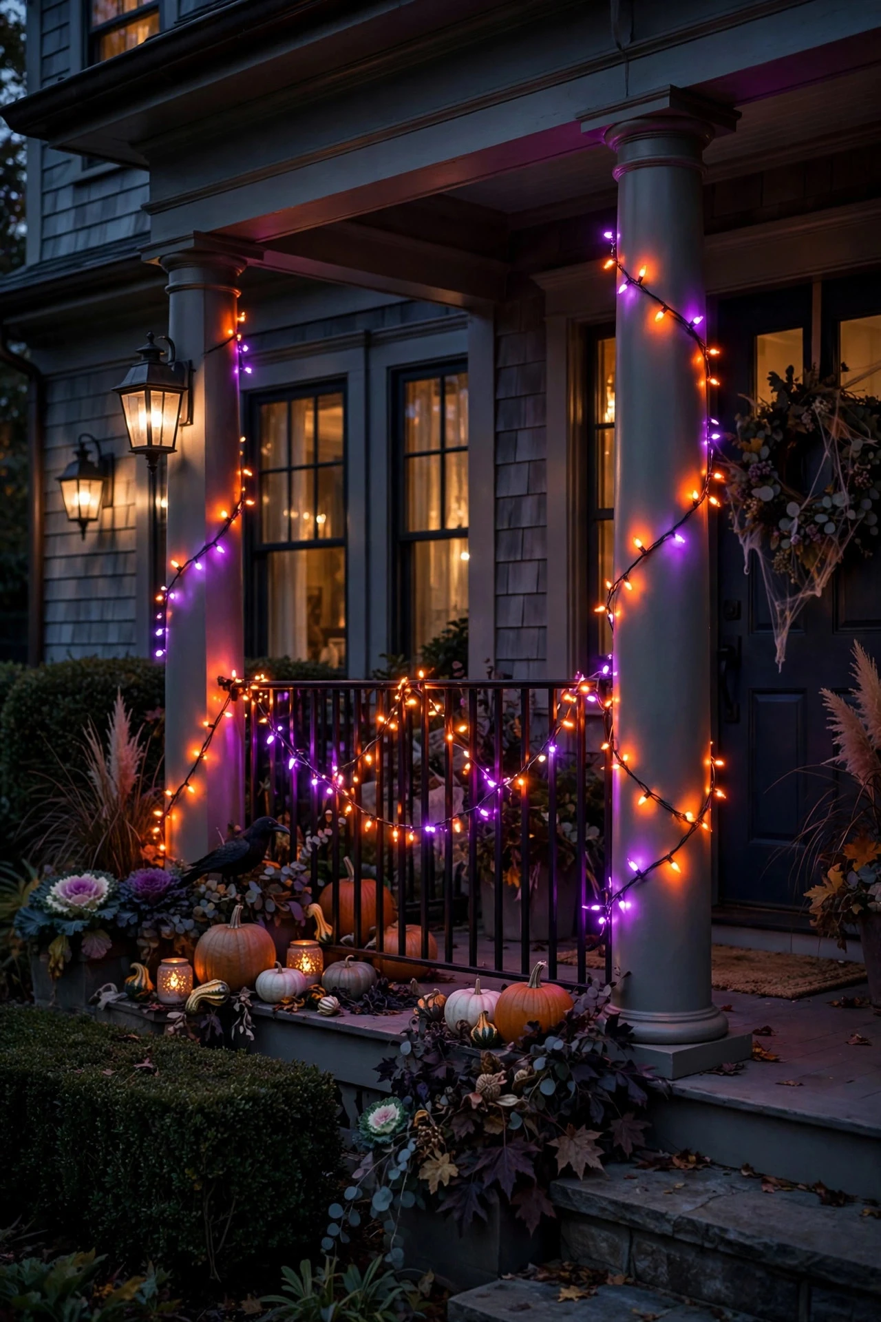 Color-changing smart string lights glowing orange and purple along a porch railing at night