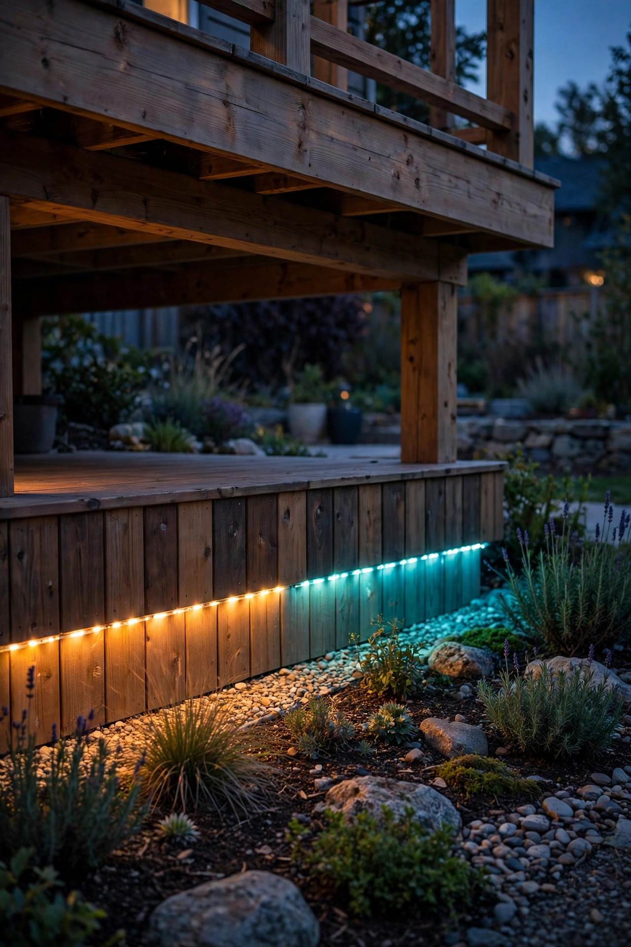 Smart color changing lights glowing in soft amber and teal beneath deck skirting