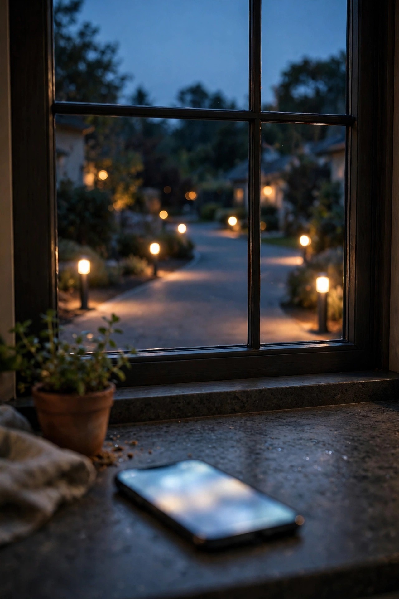 Smartphone on a kitchen counter showing a driveway lighting schedule while warm bollard lights glow outside the window at dusk