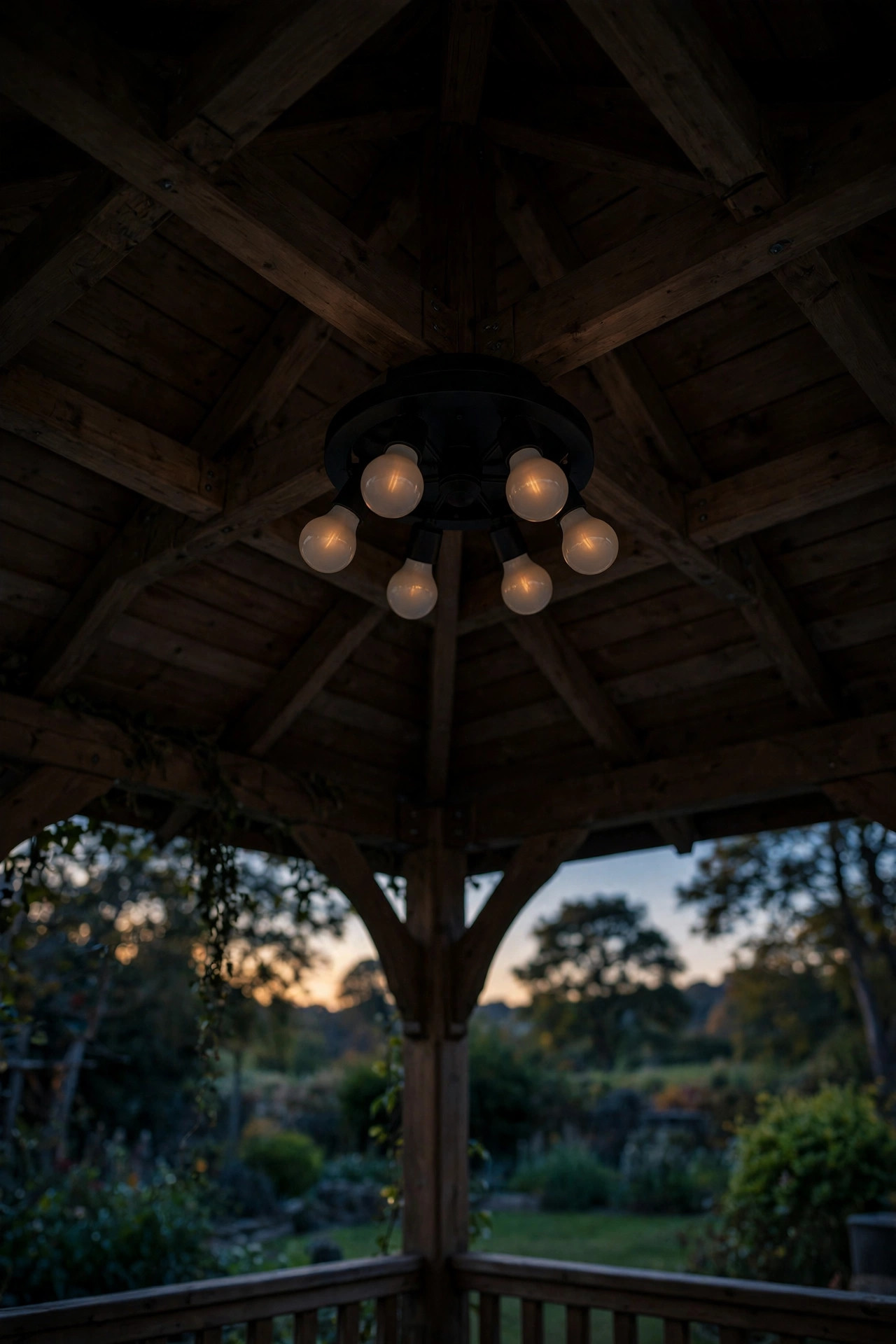 Gazebo ceiling fixture with smart LED bulbs dimmed to a warm low privacy scene