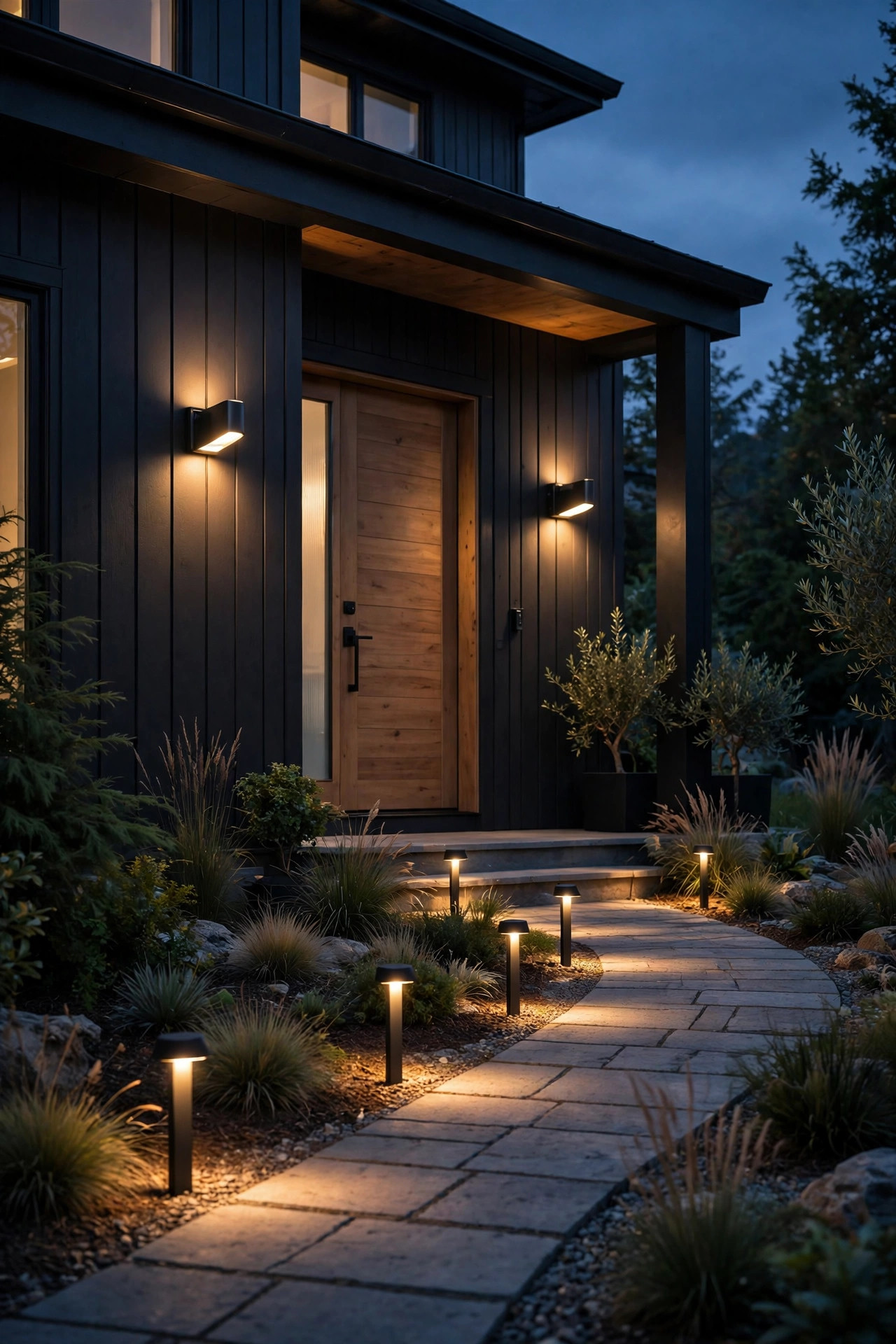 Smart porch sconces and a smart path lighting system glowing in a coordinated warm scene at dusk