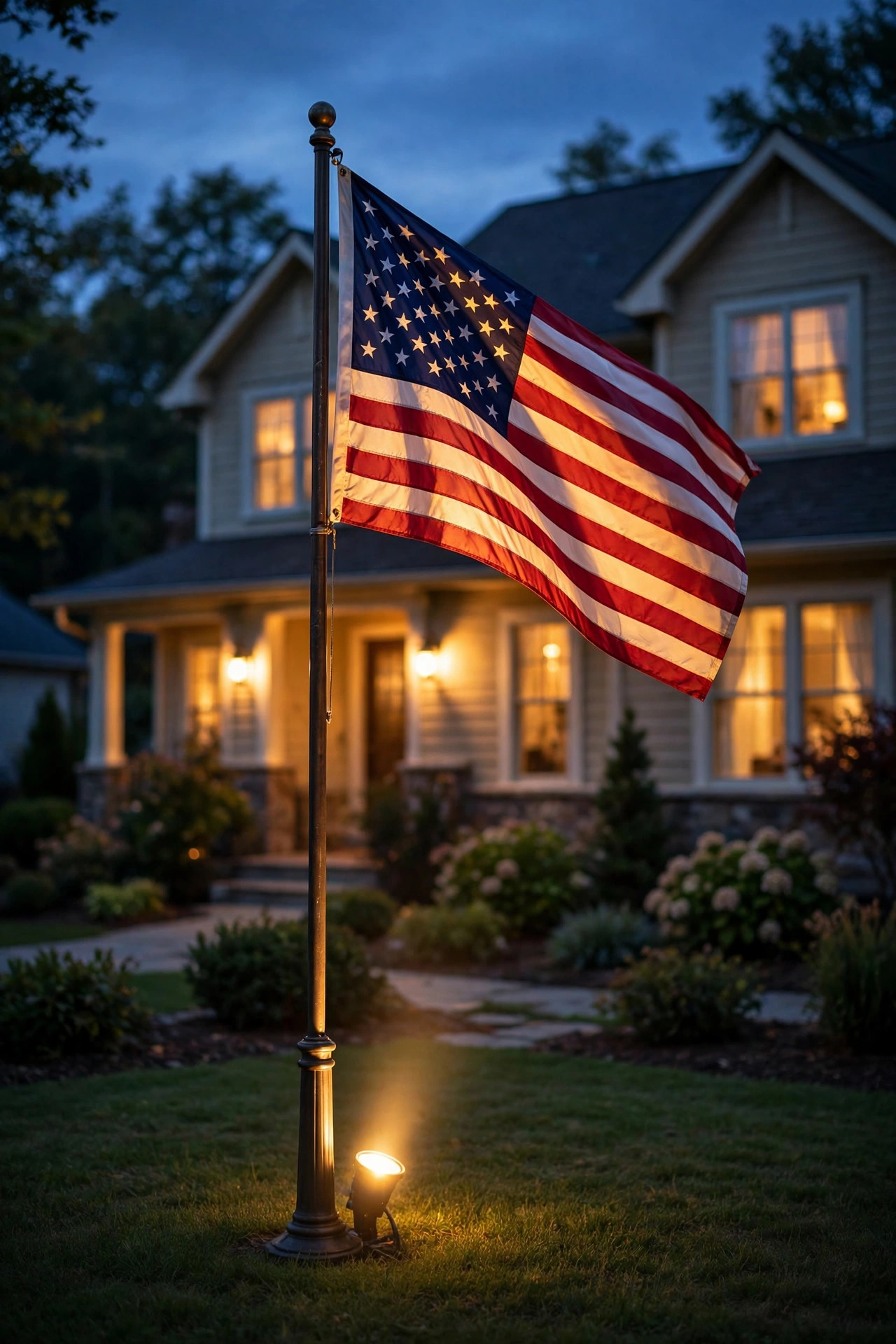 Flagpole spotlight glowing at dusk in a front yard, warm light on the American flag with a cozy lit home behind