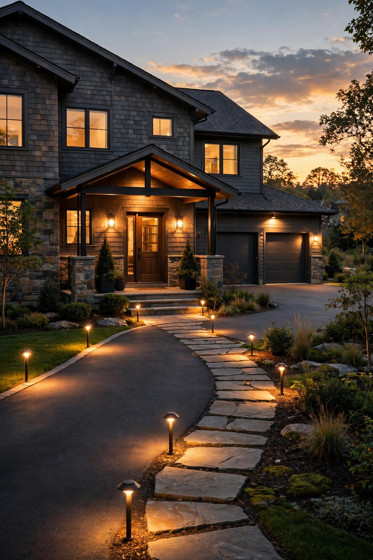 Home exterior lighting switched on at sunset by an automatic timer, driveway path and porch all glowing together