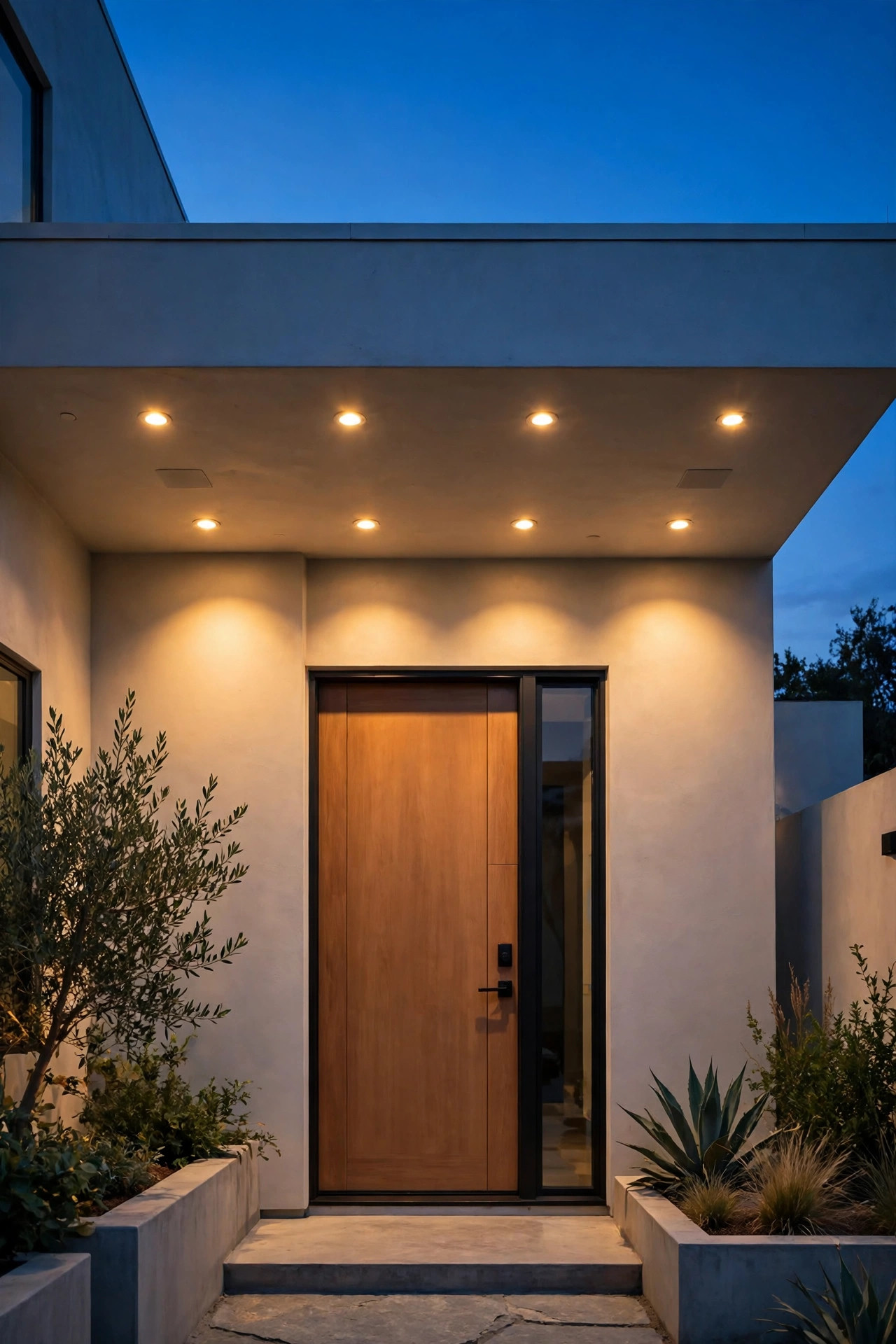 Recessed soffit downlights casting even warm light over a modern courtyard entry door