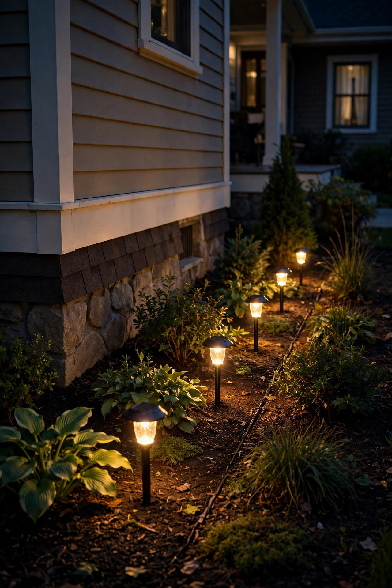 Slim solar stake lights tucked among perennials in a cottage flower bed glowing softly at dusk