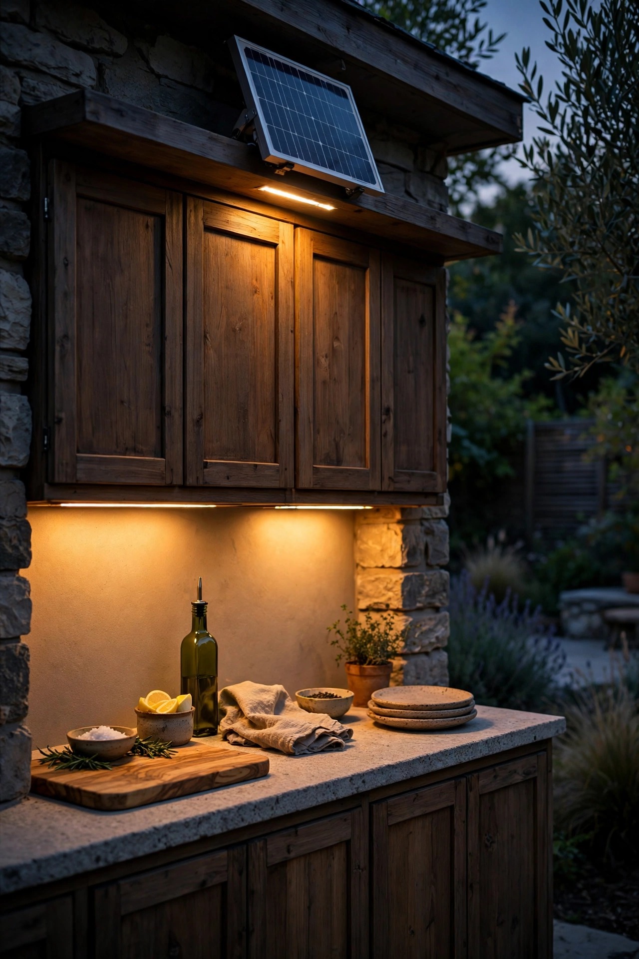 Solar powered under cabinet lights glowing over an outdoor serving counter with a small solar panel above