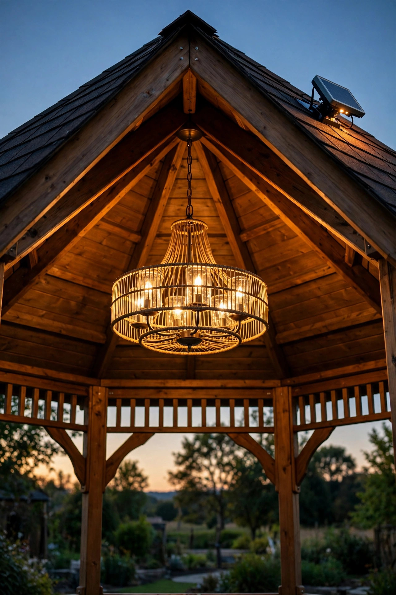 Solar chandelier hanging at the peak of a gazebo with its remote panel on the sunny roof edge