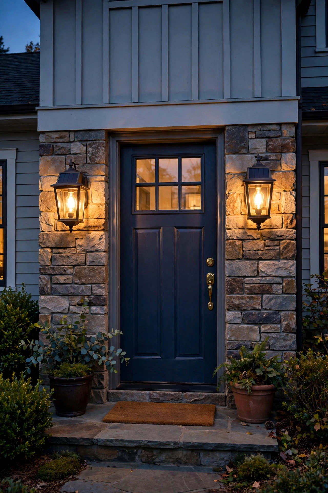 Pair of solar wall sconces with warm filament bulbs flanking a front door