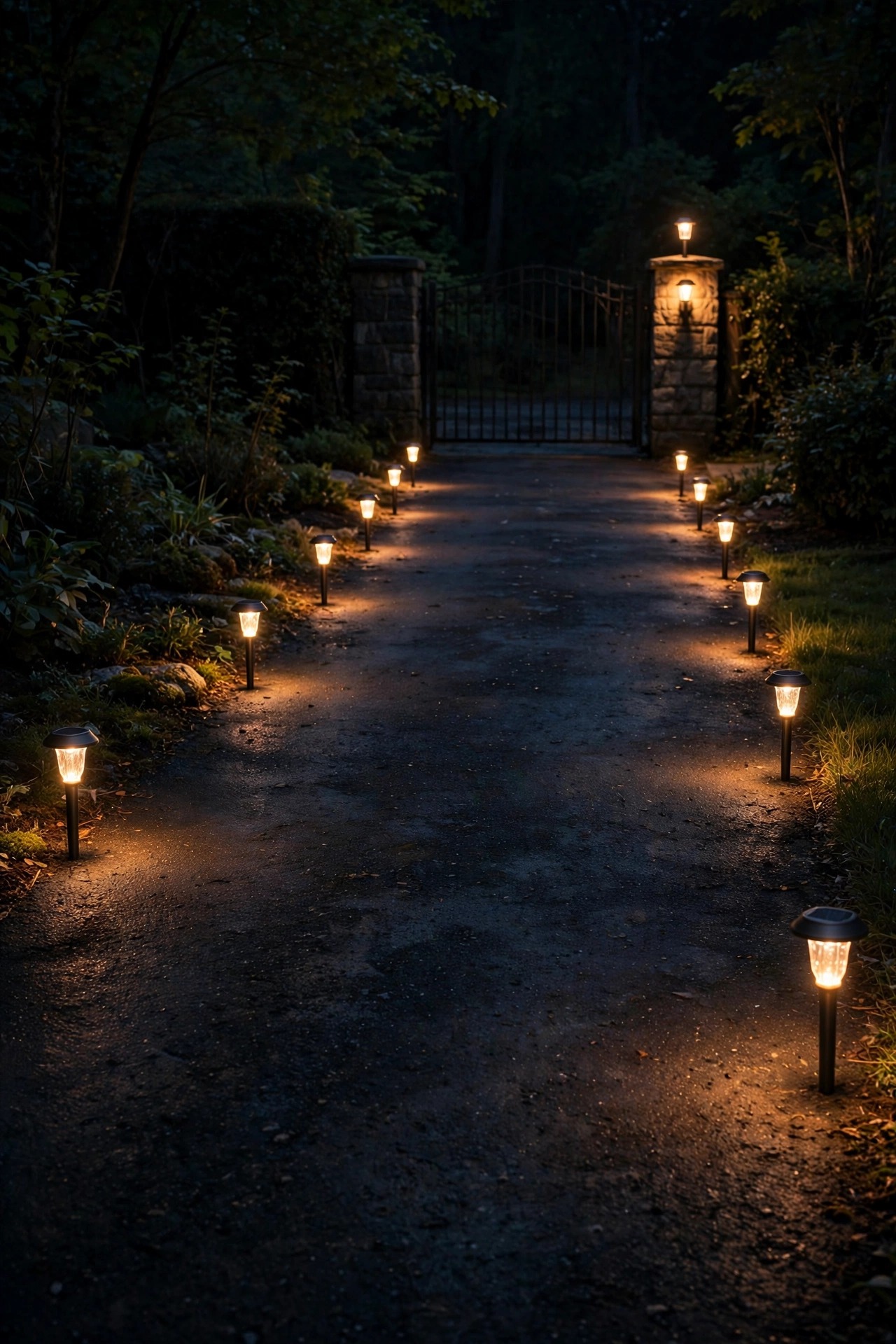 Solar driveway marker stakes glowing in pairs along the edges of a dark driveway at night, leading to a gate with a small solar post light
