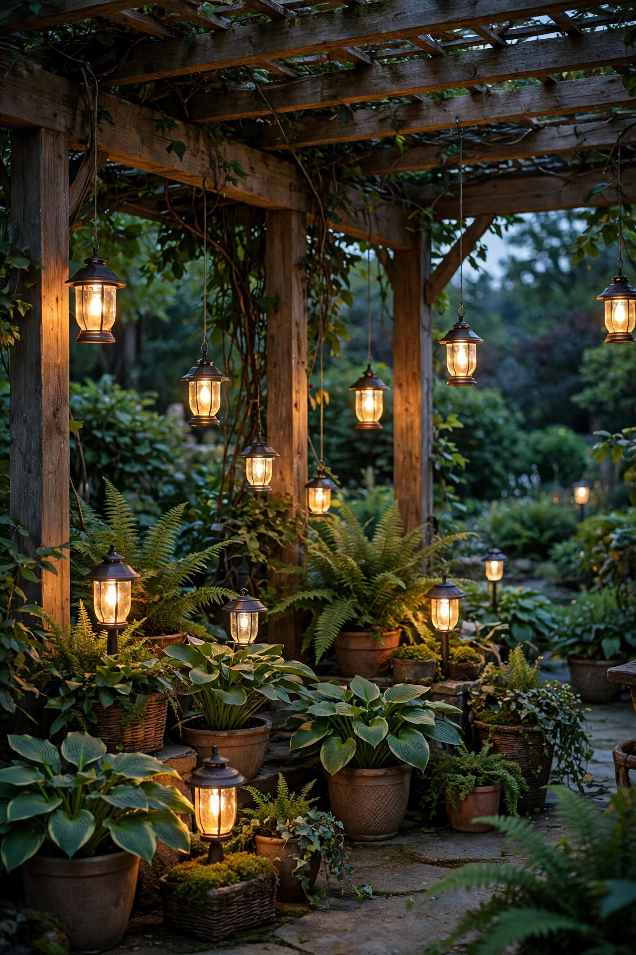 Solar lanterns glowing among shade plants on a covered patio at dusk