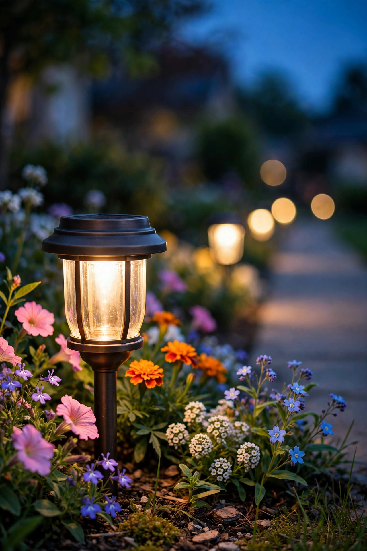 Close-up of solar path light glowing warmly beside garden flowers at dusk