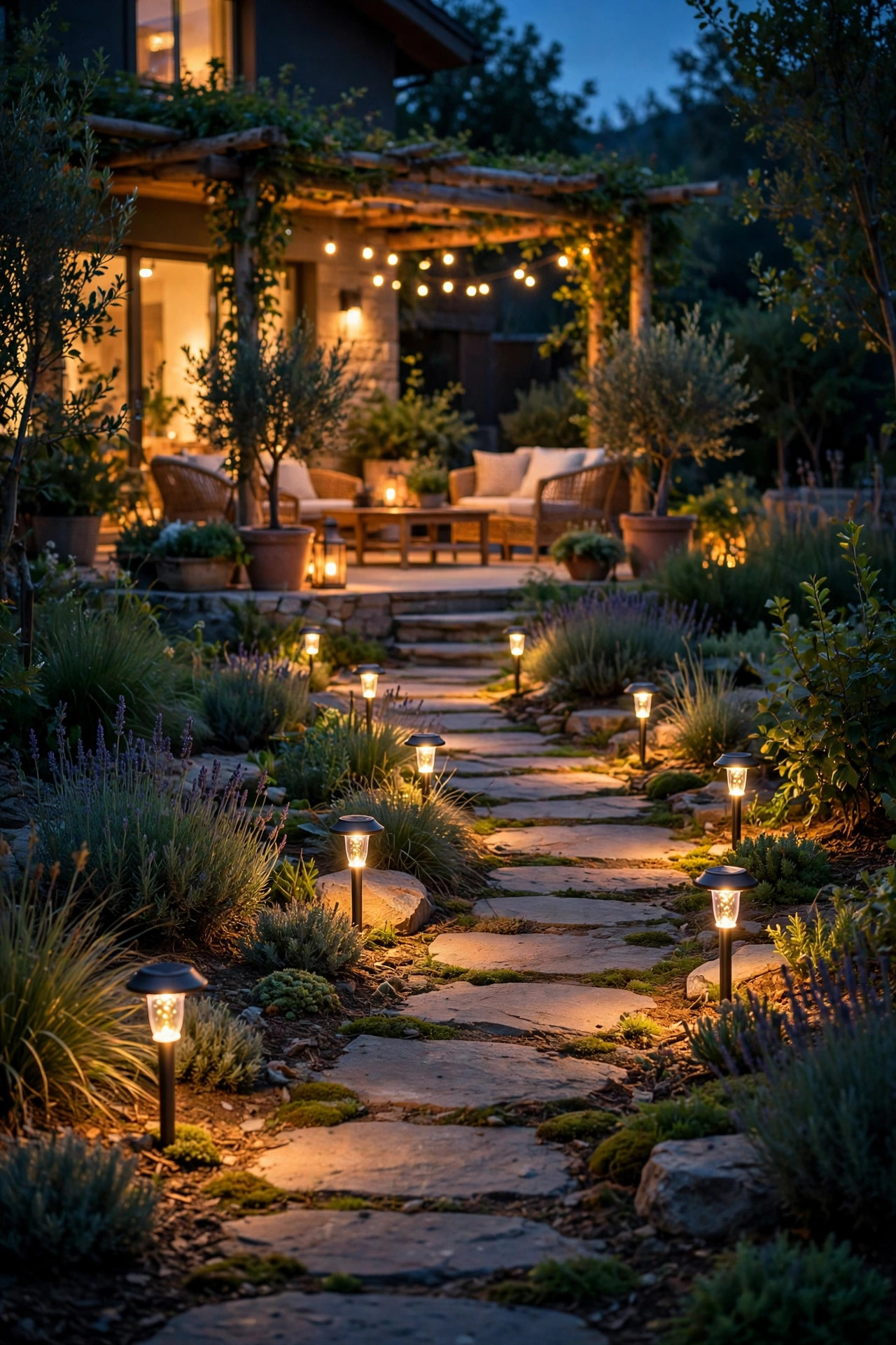 Warm solar path lights leading along a garden walkway toward a glowing patio at dusk