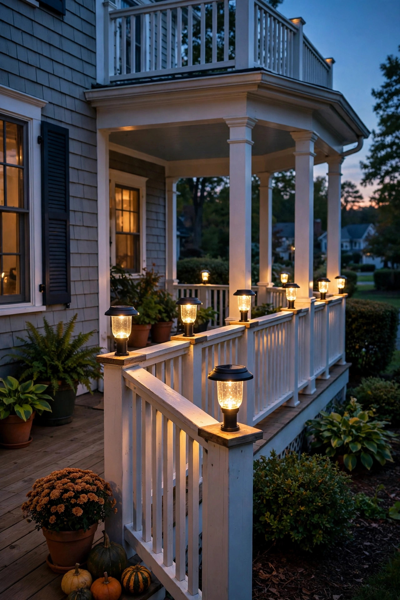Solar post cap lights glowing along the railing of the outlet-free side of a wraparound porch