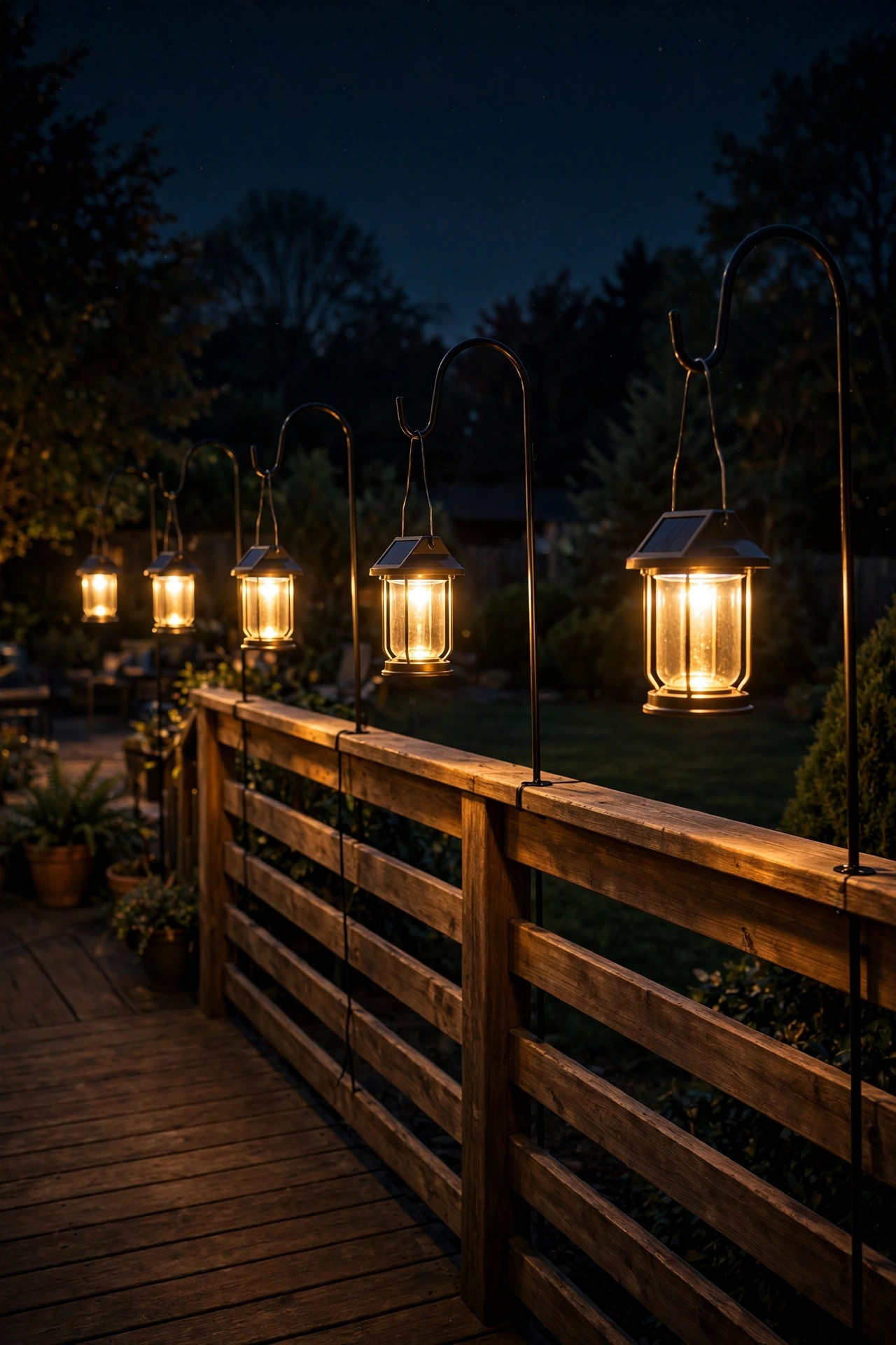 Solar-powered lanterns hanging from shepherd's hooks along a wooden deck railing at night