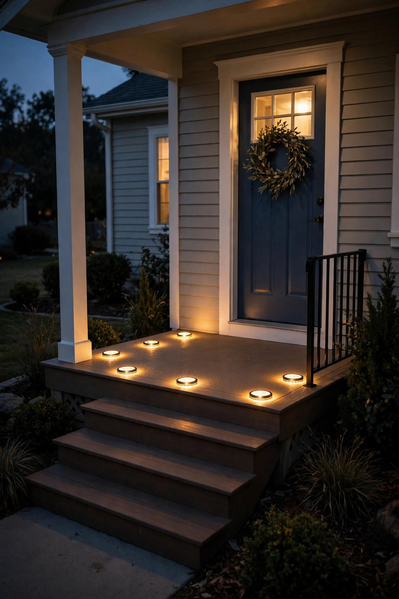 Flat solar disk lights glowing on a porch landing beside the steps at night