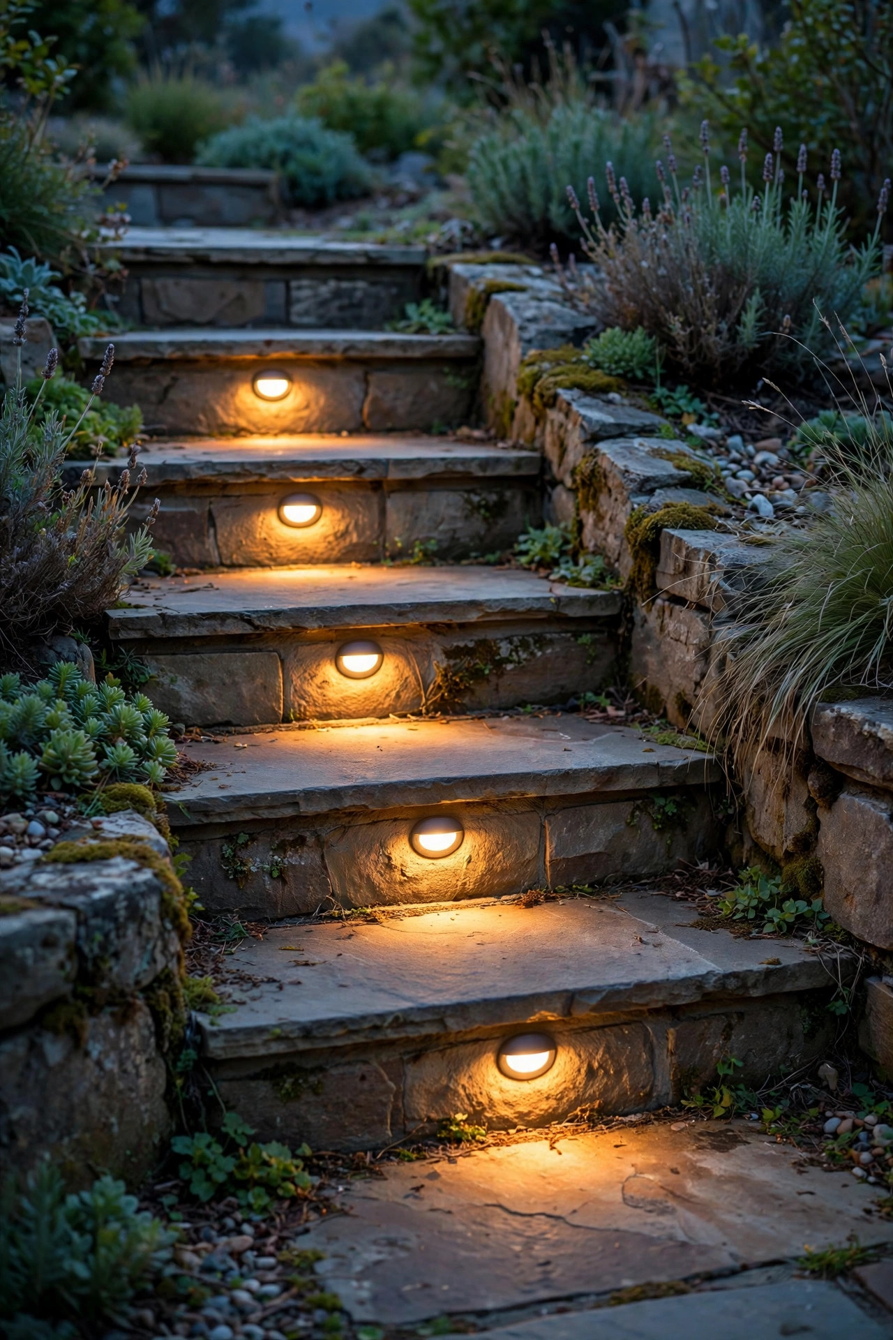 Solar recessed step lights glowing in the risers of garden stairs at dusk with no wiring