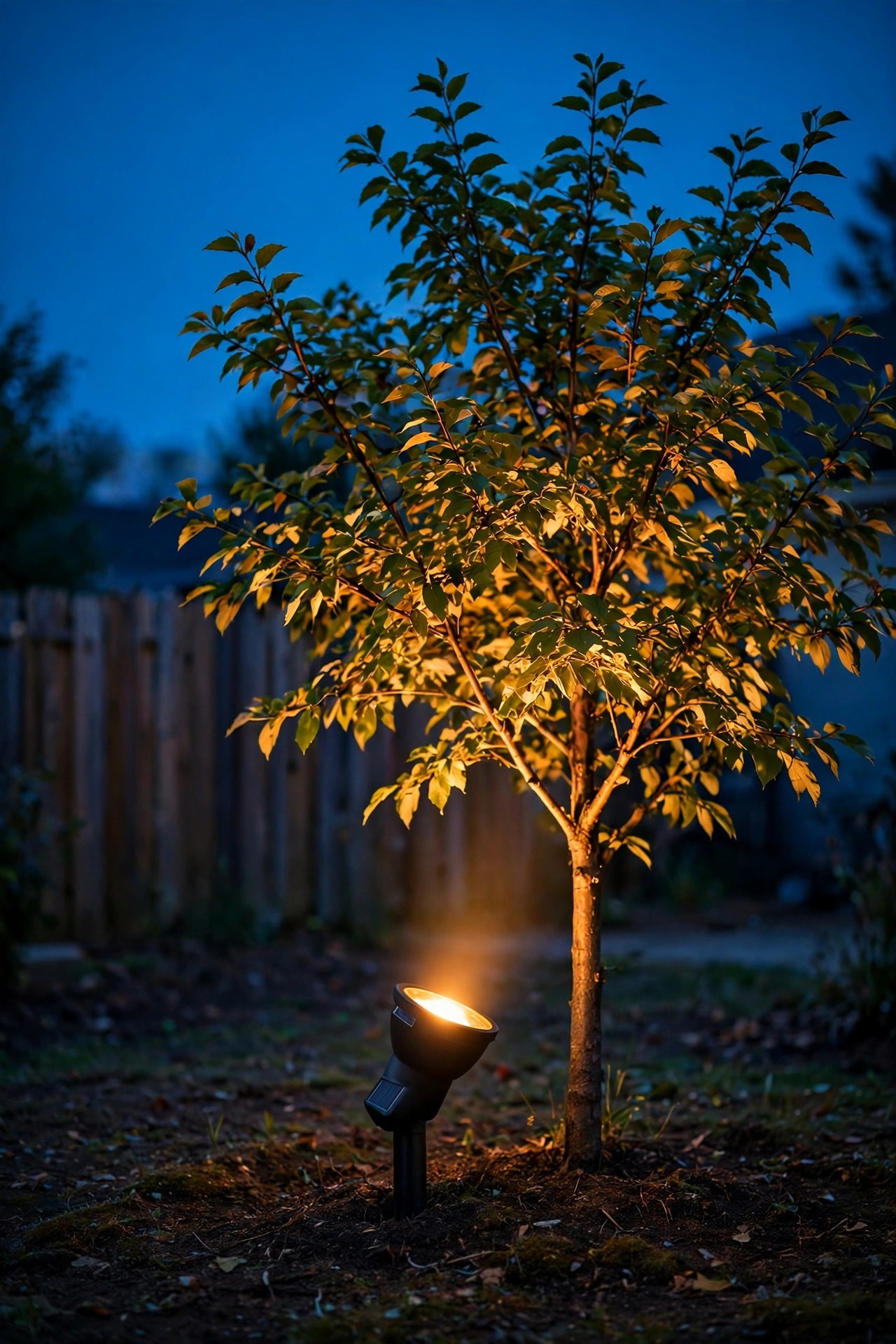 Solar spotlight staked at the base of a small rental yard tree washing the canopy in warm light at dusk