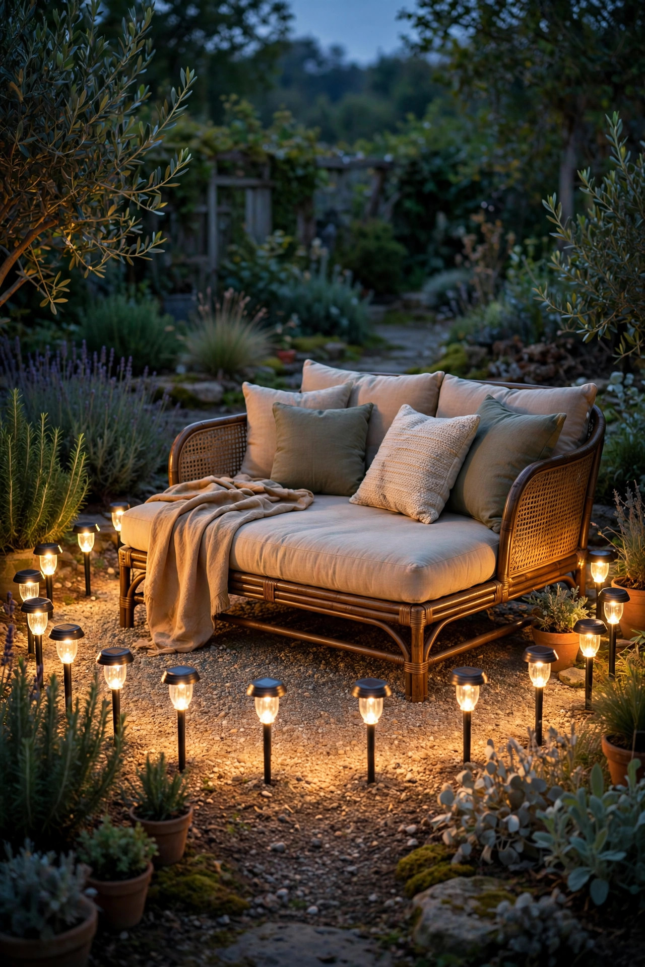 Ring of low solar stake lights glowing around a garden daybed at dusk