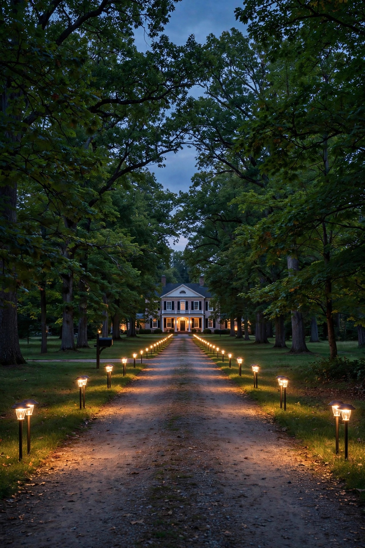 Warm solar stake lights in matched pairs marking the edges of a long tree-lined colonial driveway at dusk