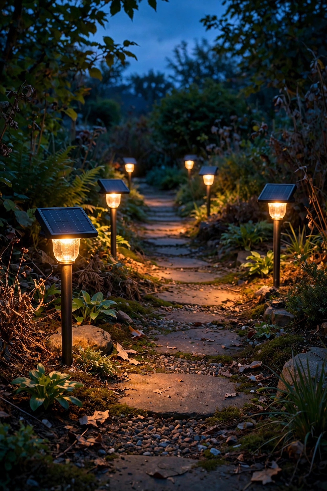 Solar stake lights glowing along a garden path at dusk with small panels that charged during the day
