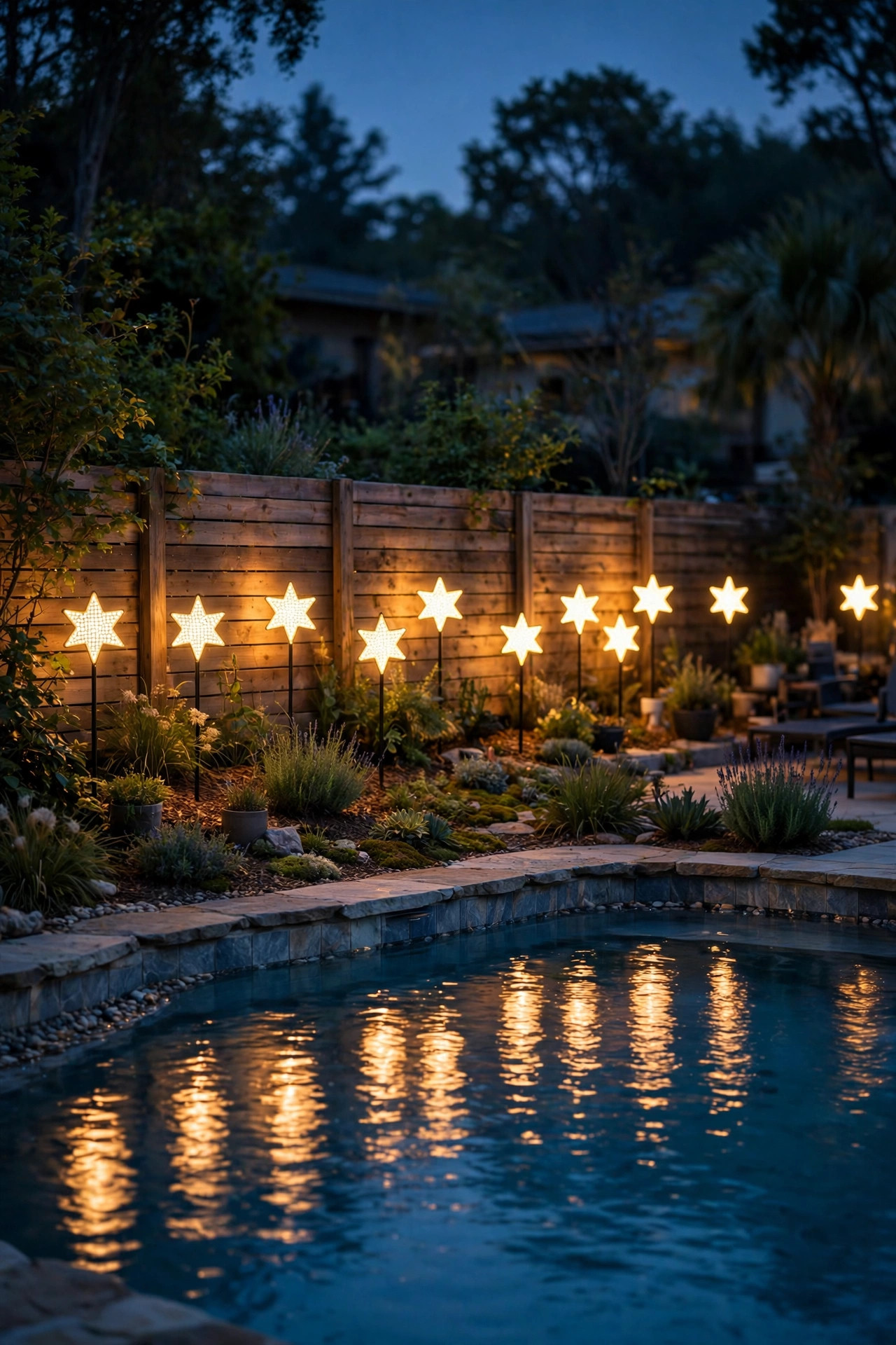 Solar star-shaped stake lights glowing along a backyard fence behind a pool at night