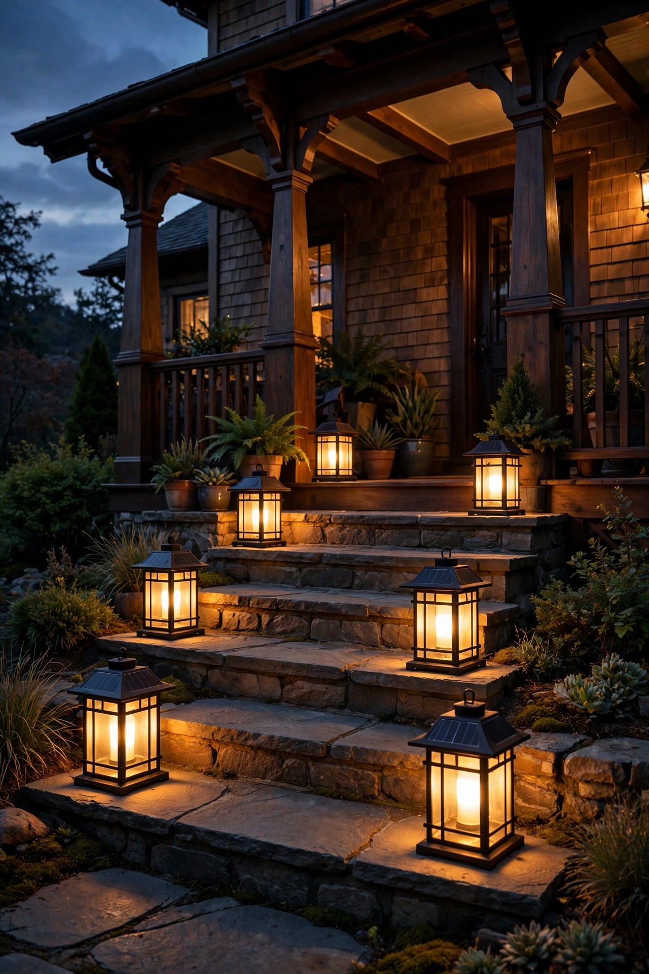 Solar mission-style lanterns glowing along the steps of a craftsman porch at nightfall