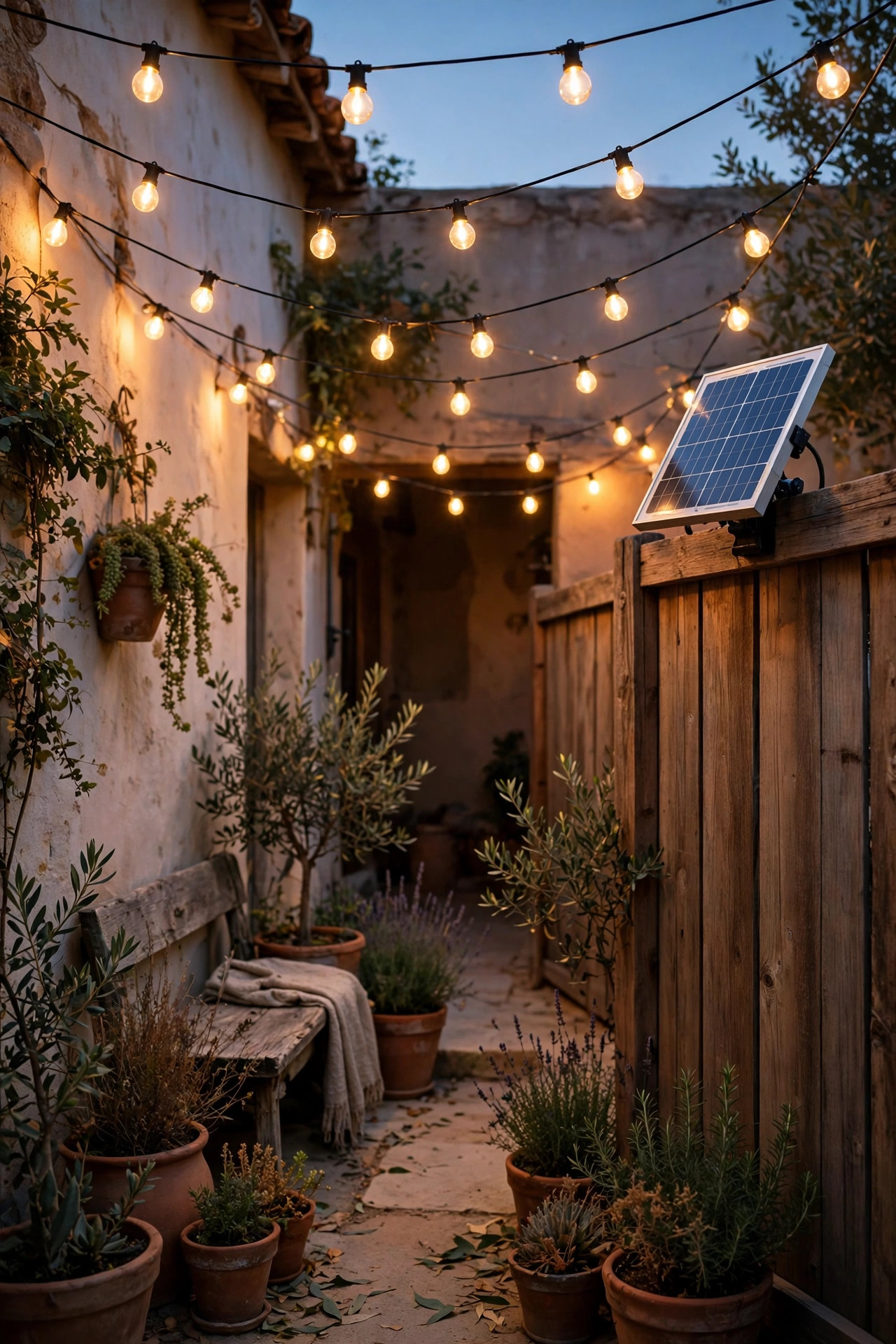 Solar string light canopy over a courtyard with a small solar panel clipped to a sunny fence top