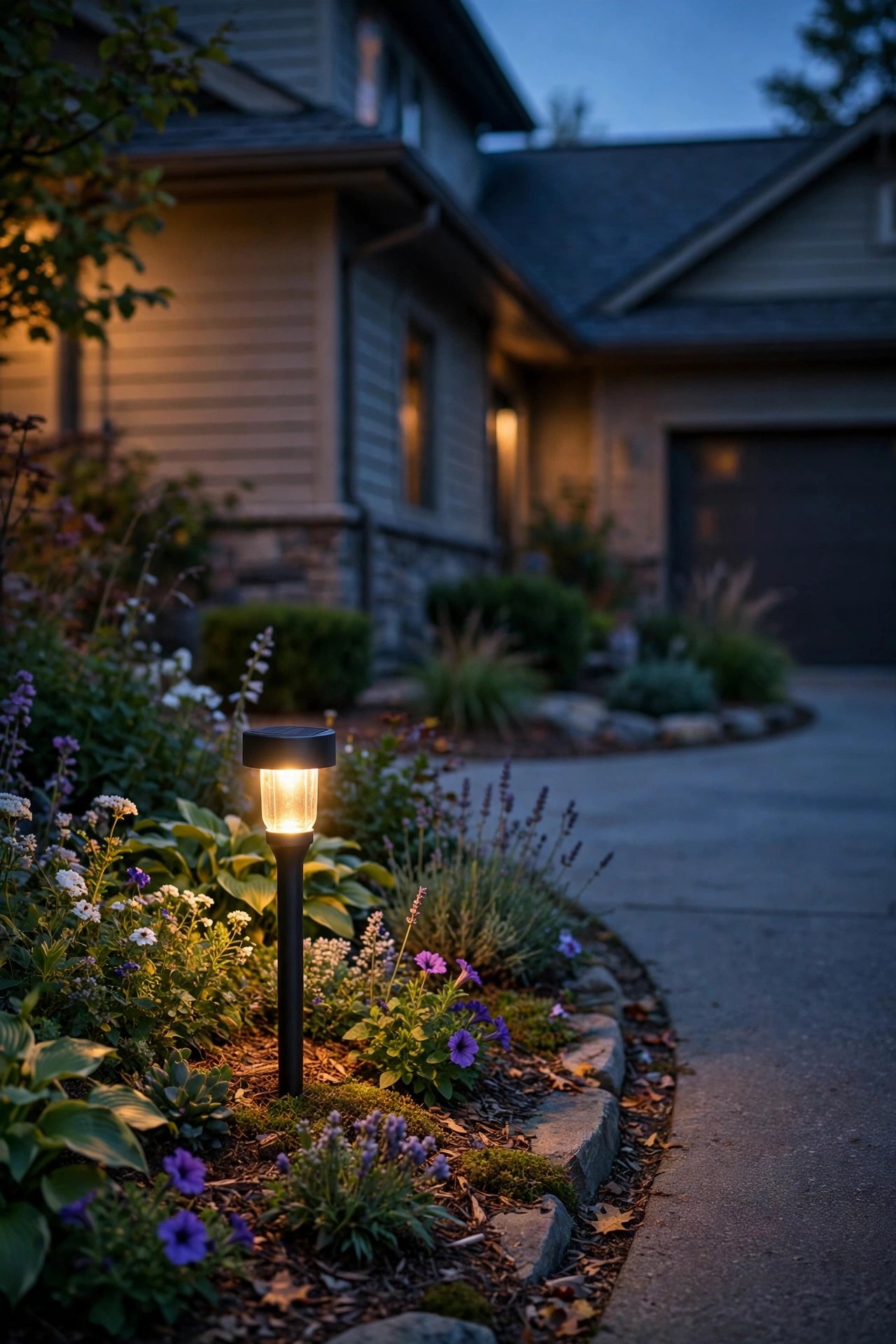 Solar address stake sign glowing in a front flower bed near the driveway at dusk