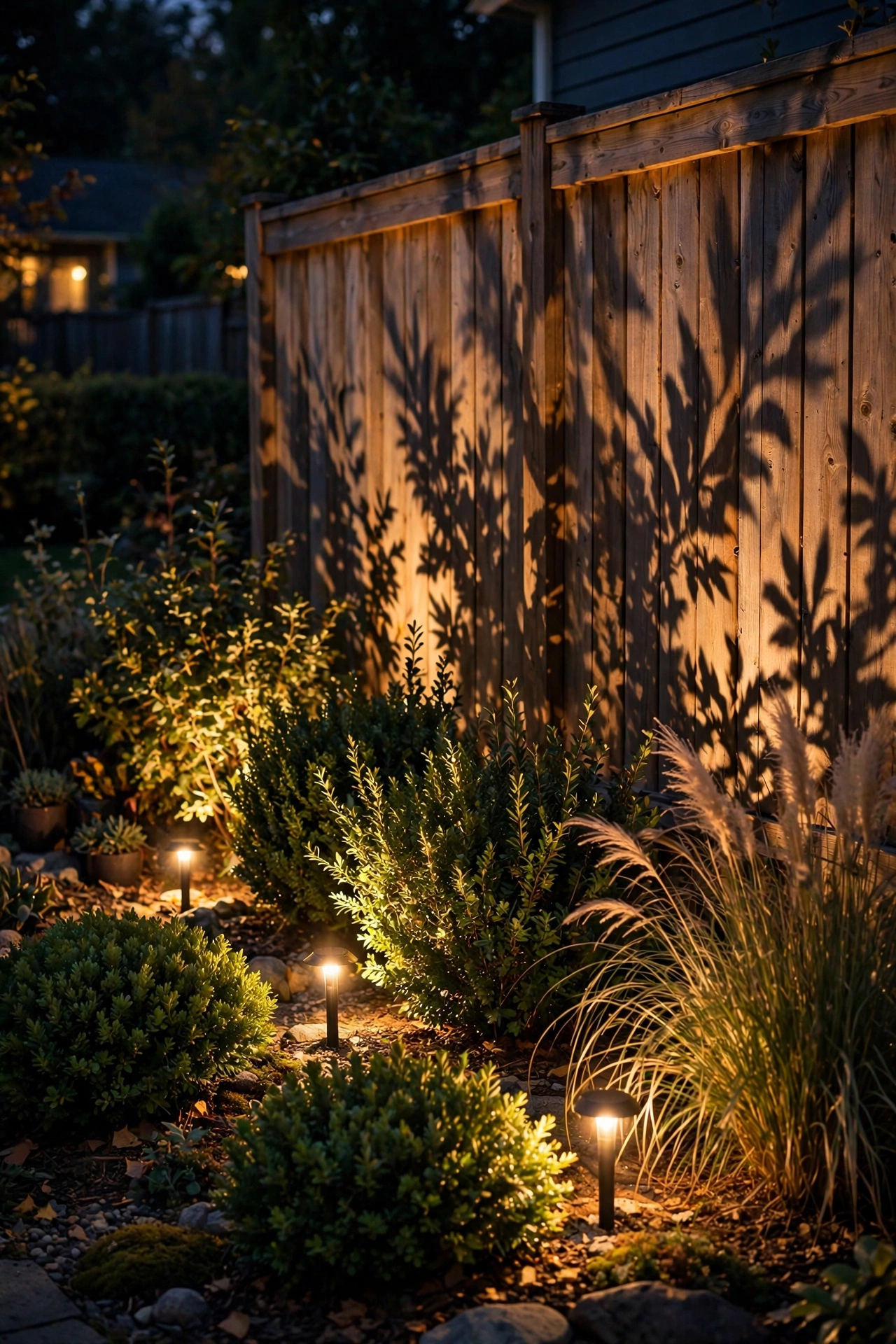 Spotlights illuminating shrubs with shadows cast onto a wooden fence at night