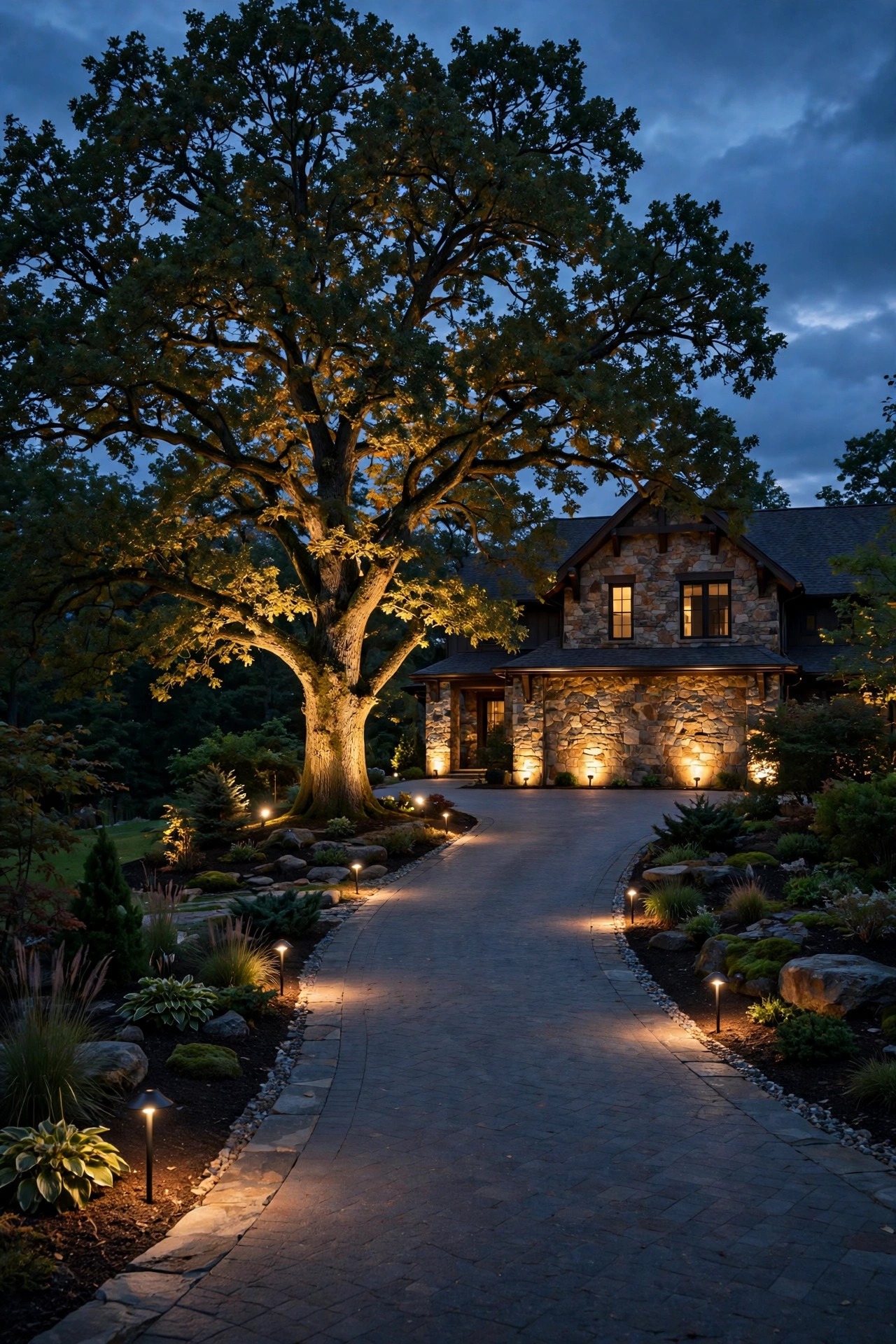 Low-voltage spotlights uplighting a large front-yard tree and stone facade at the end of a driveway at dusk, warm dramatic glow