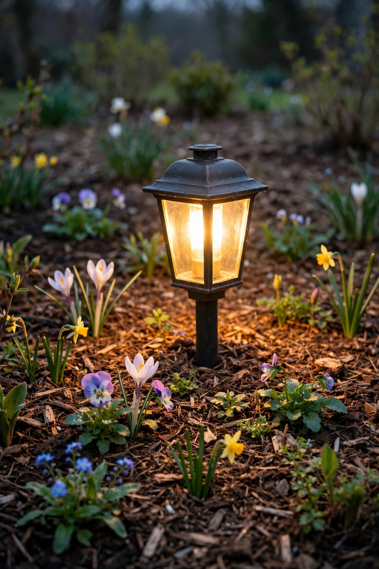 Garden path light glowing at dusk in a freshly mulched spring flower bed, lens clean and housing freshly checked