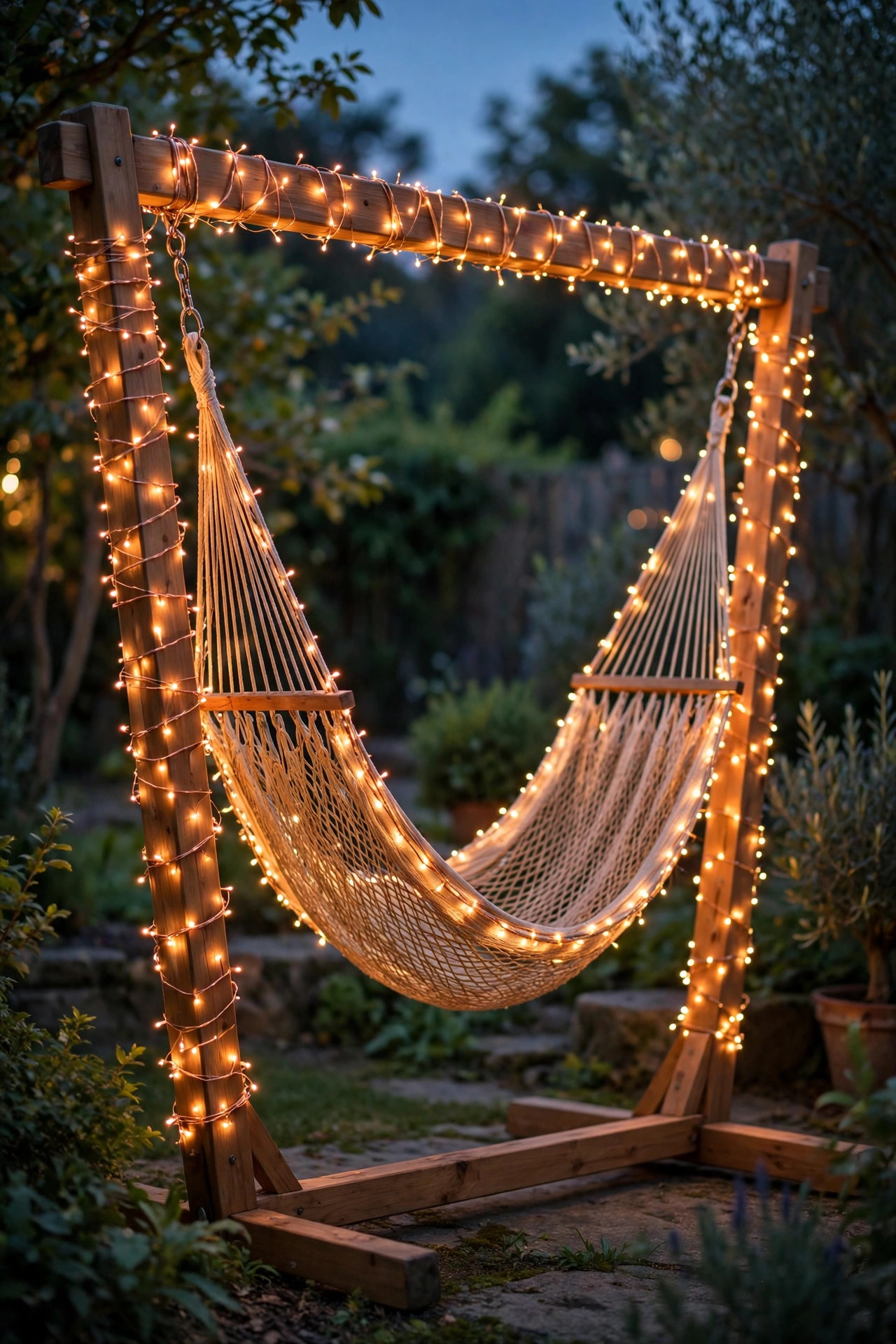 A hammock stand wrapped in twinkling copper-wire fairy lights, outlining the hammock in a warm glow