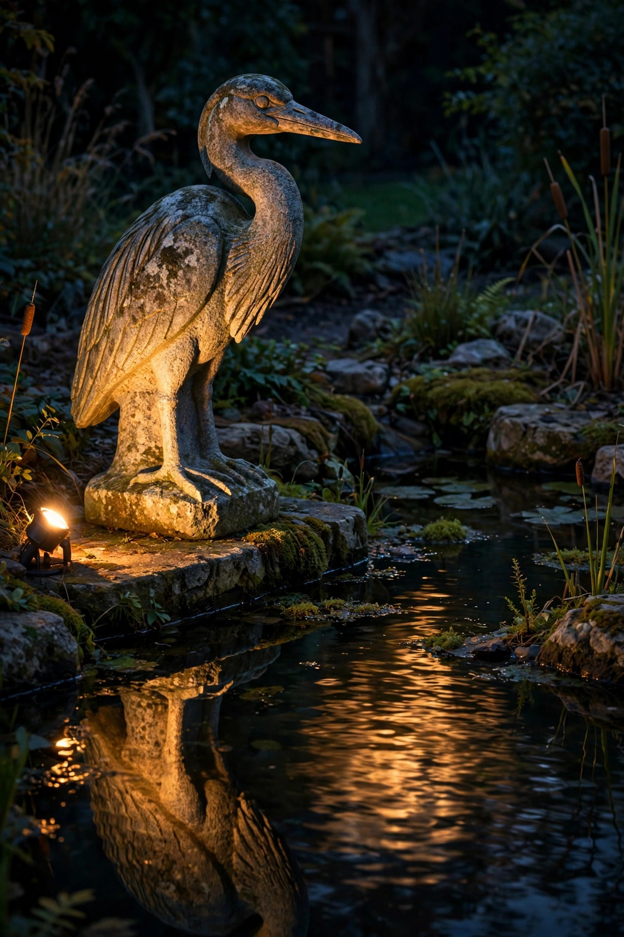 Stone heron statue beside a pond at night, lit by a single warm spotlight from a low angle, reflection shimmering in the water