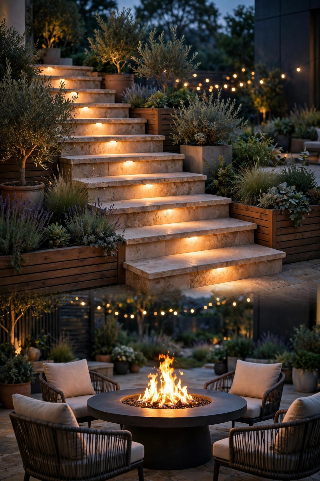 Patio steps with recessed warm step lights guiding the way down to a fire table dining area