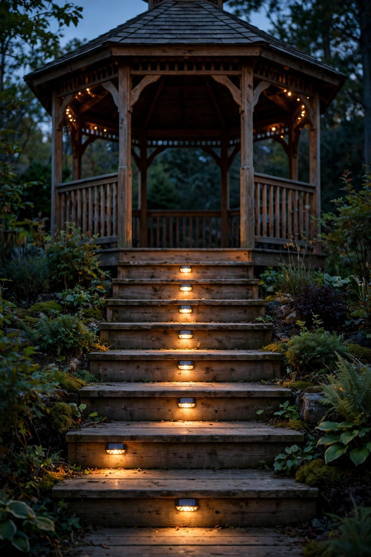 Solar step lights glowing on the wooden steps leading up into a gazebo