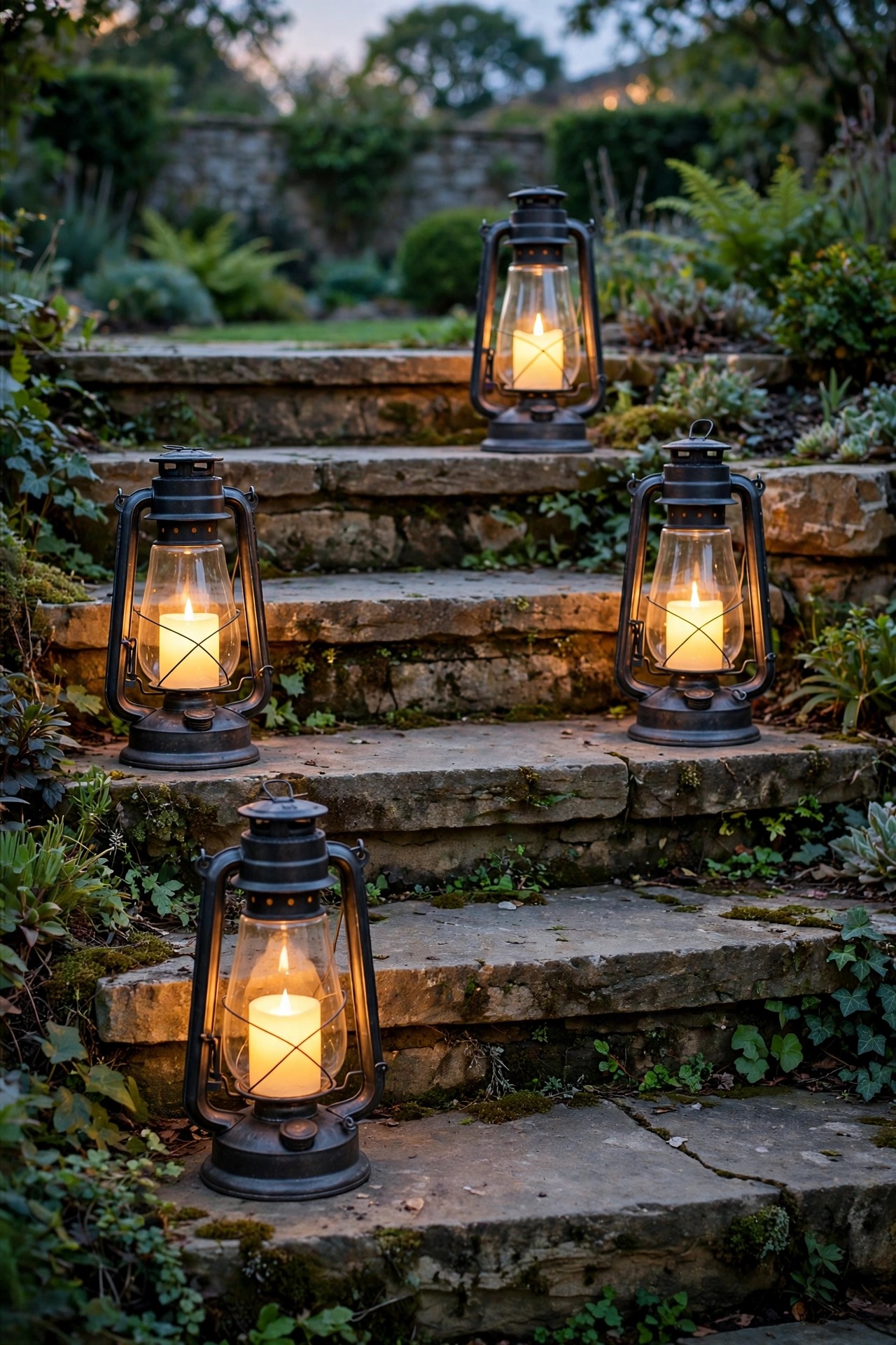 Hurricane lanterns with flameless candles glowing on wide stone garden steps at dusk