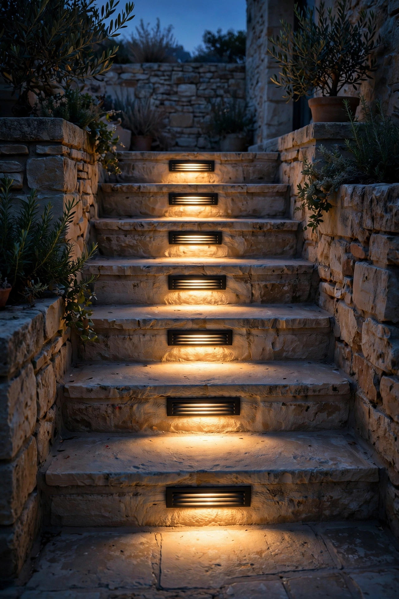 Louvered step lights recessed into stone courtyard steps casting warm pools of light on each tread at dusk