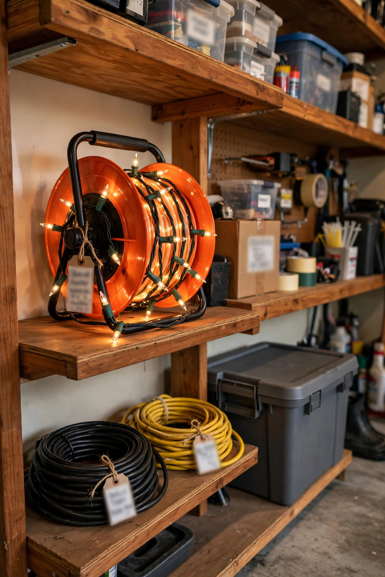 Neatly coiled outdoor string lights labeled and stored on a cord reel in a garage