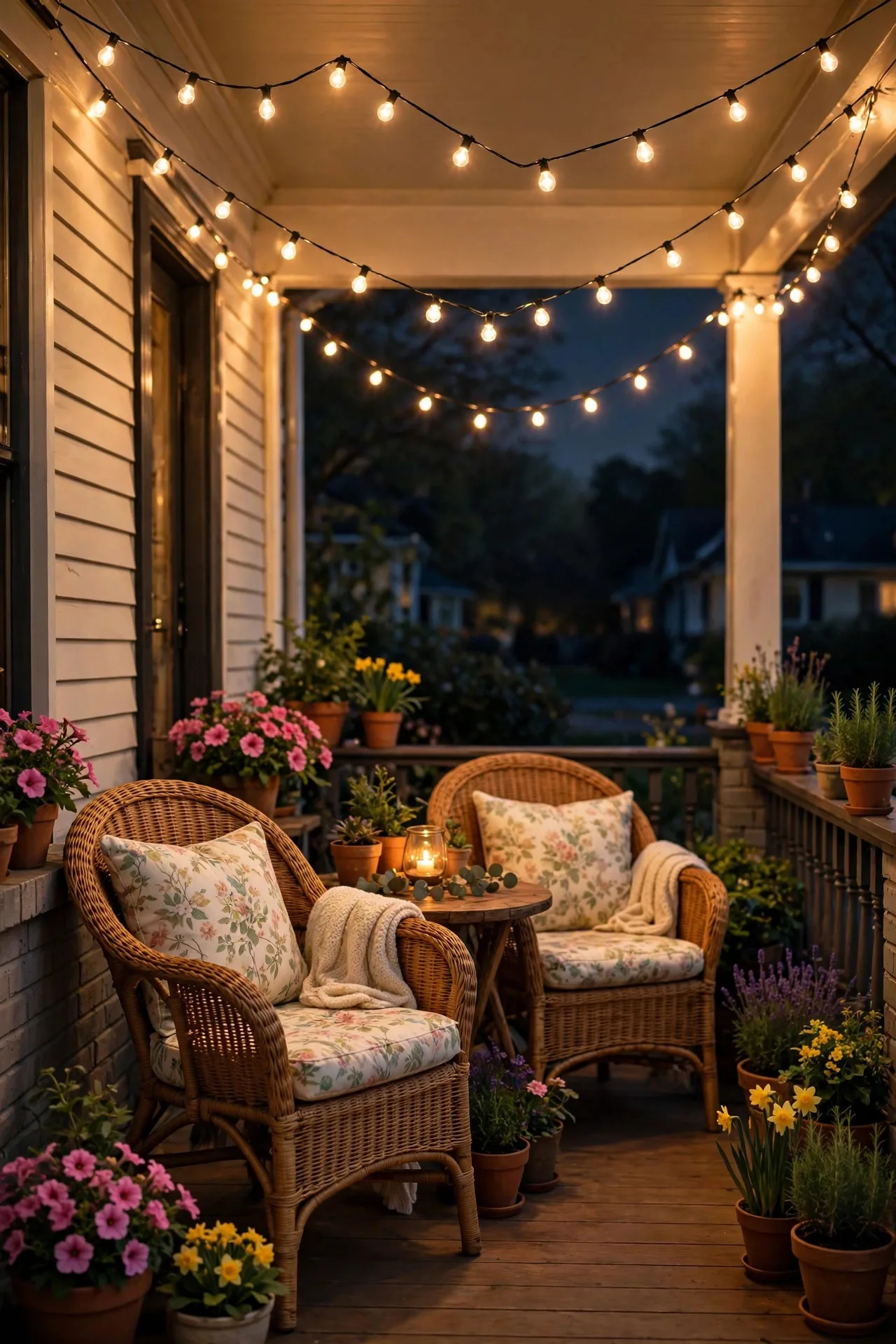 Canopy of warm string lights zigzagged overhead above a cozy porch seating area at night