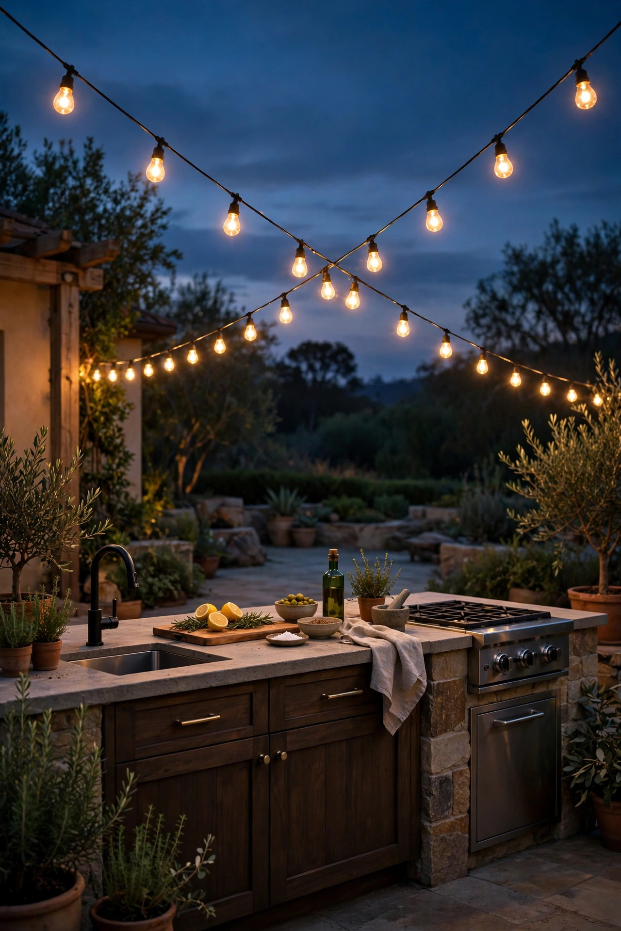 String lights swagged in an X pattern above an outdoor kitchen island at twilight