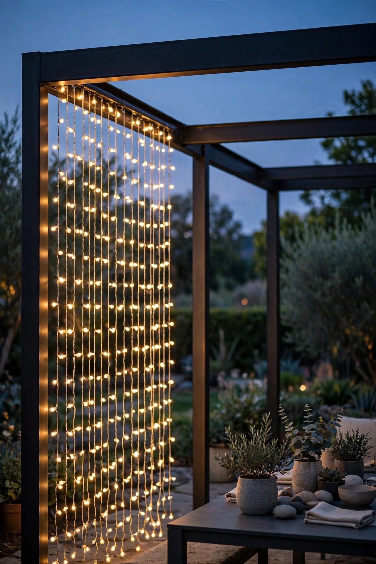 Warm string light curtain hanging on a fence behind an outdoor yoga deck creating a glowing backdrop