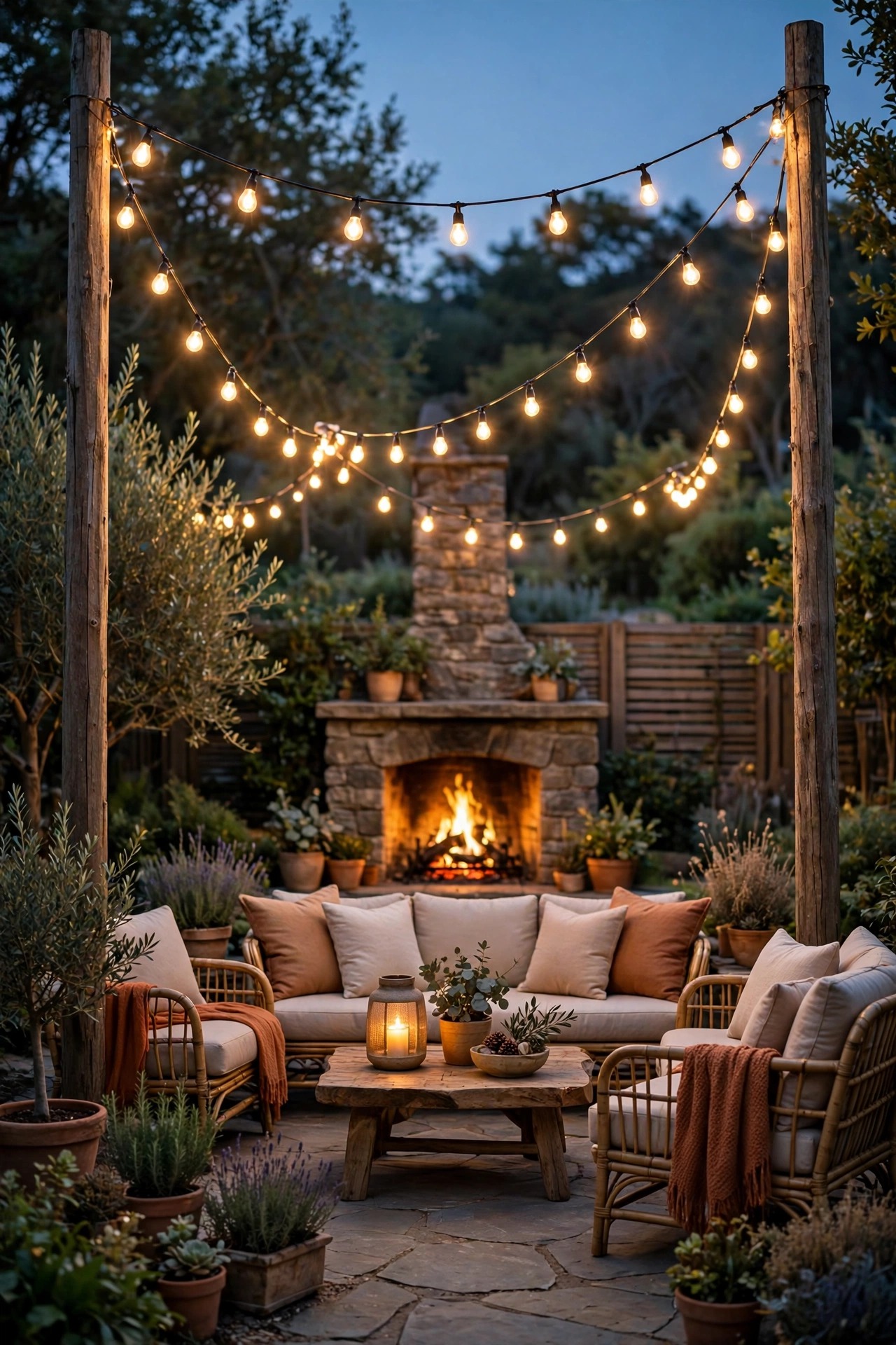 String light poles in terracotta planters holding a warm canopy over an open Mediterranean patio