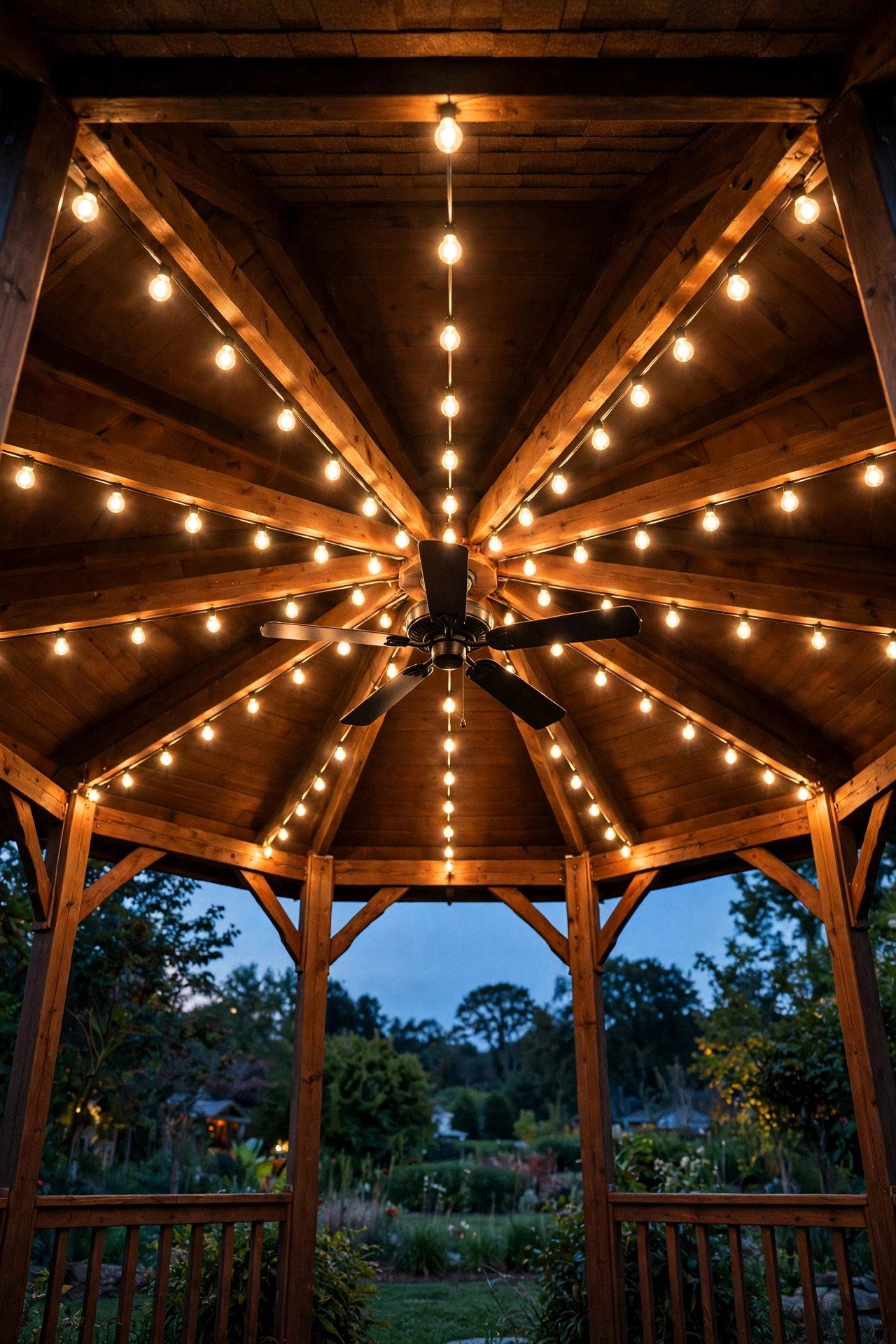 String lights radiating from a central gazebo ceiling fan out to each post like glowing spokes at night