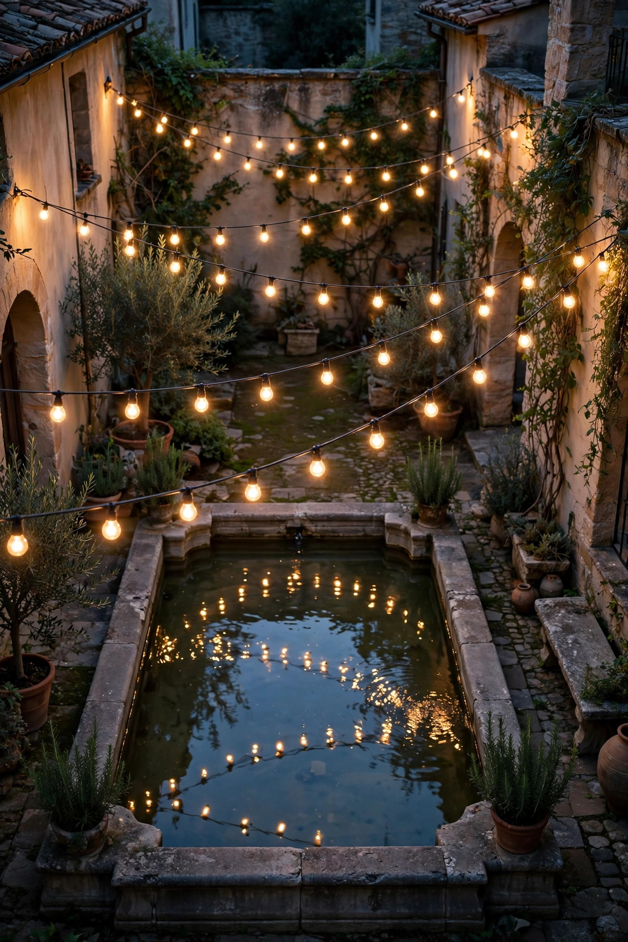 Overhead string lights swagged across a courtyard and reflected in the fountain water below