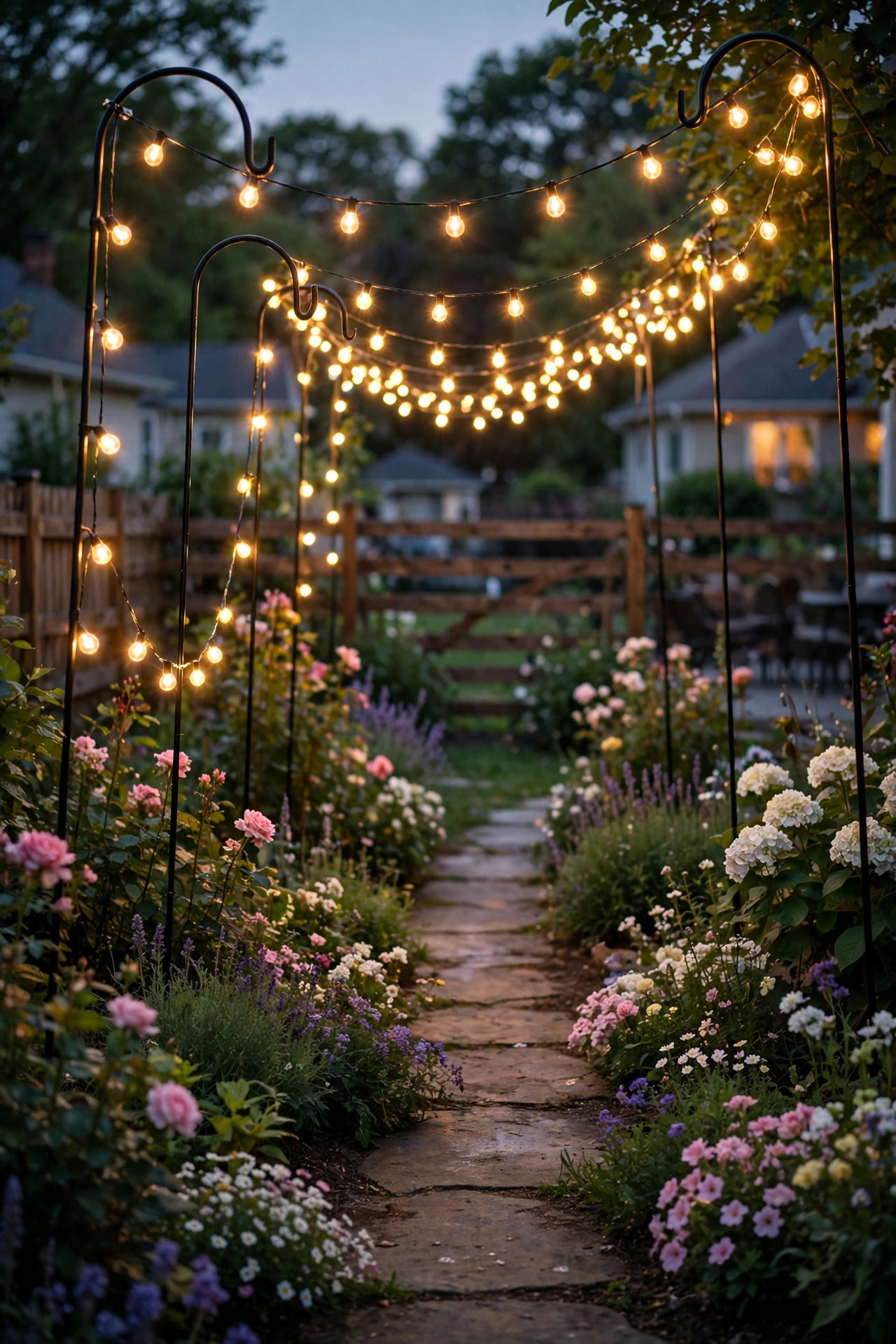 Warm string lights draped on shepherd's hooks lining a garden path