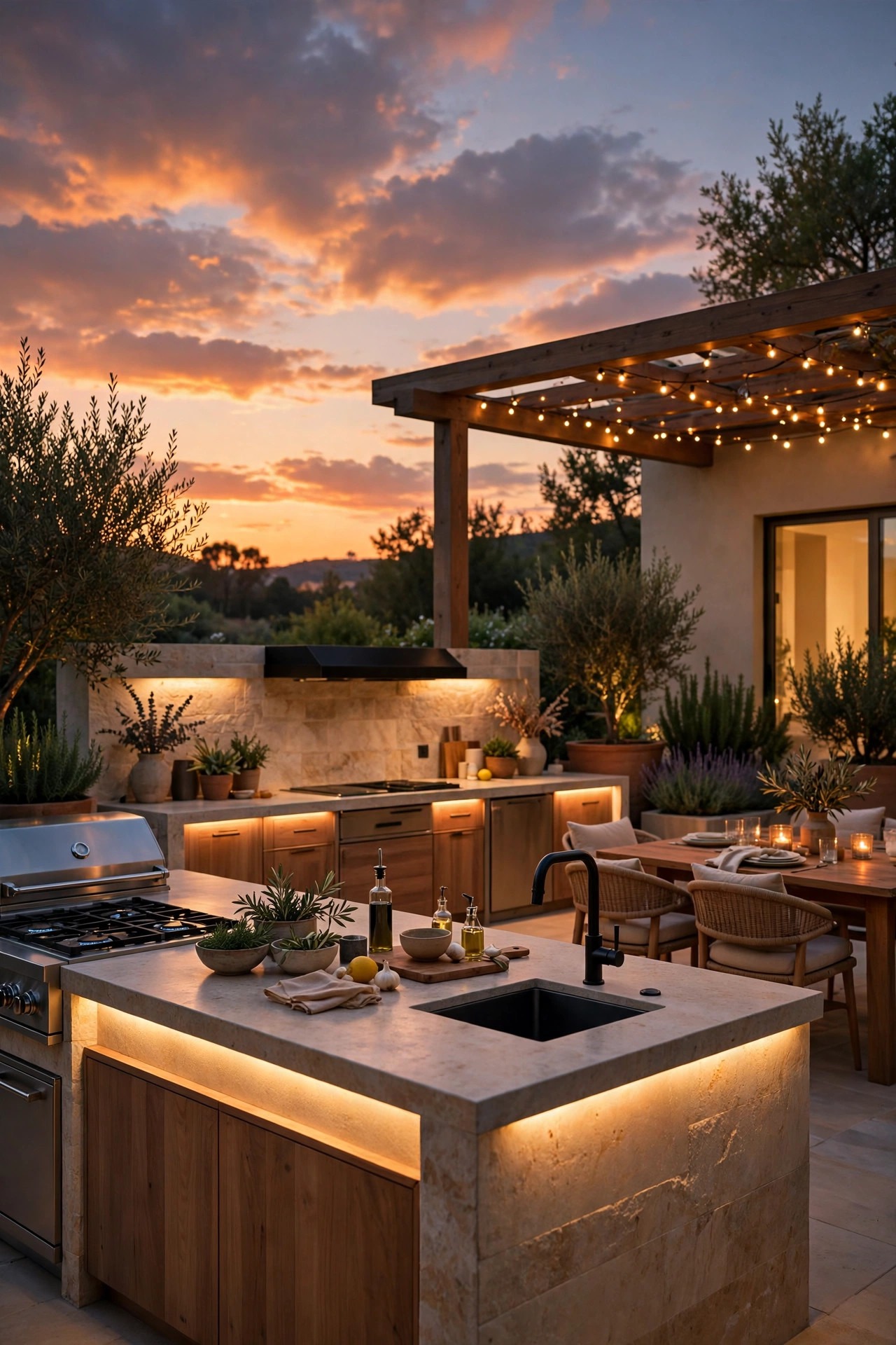 Outdoor kitchen glowing softly at sunset as scheduled lights come on across counters, island and dining area in warm stages